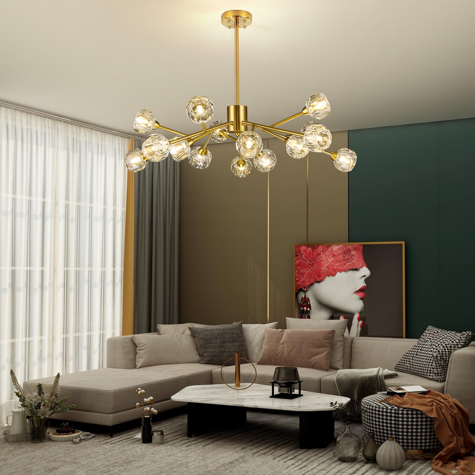 Sputnik Chandeliers for Dining Room Light Fixture, Modern Crystal Chandeliers, 9 Lights Gold Chandelier for Living Room Bedroom, Dining Room Chandelier Over Table, Kitchen Light Fixtures