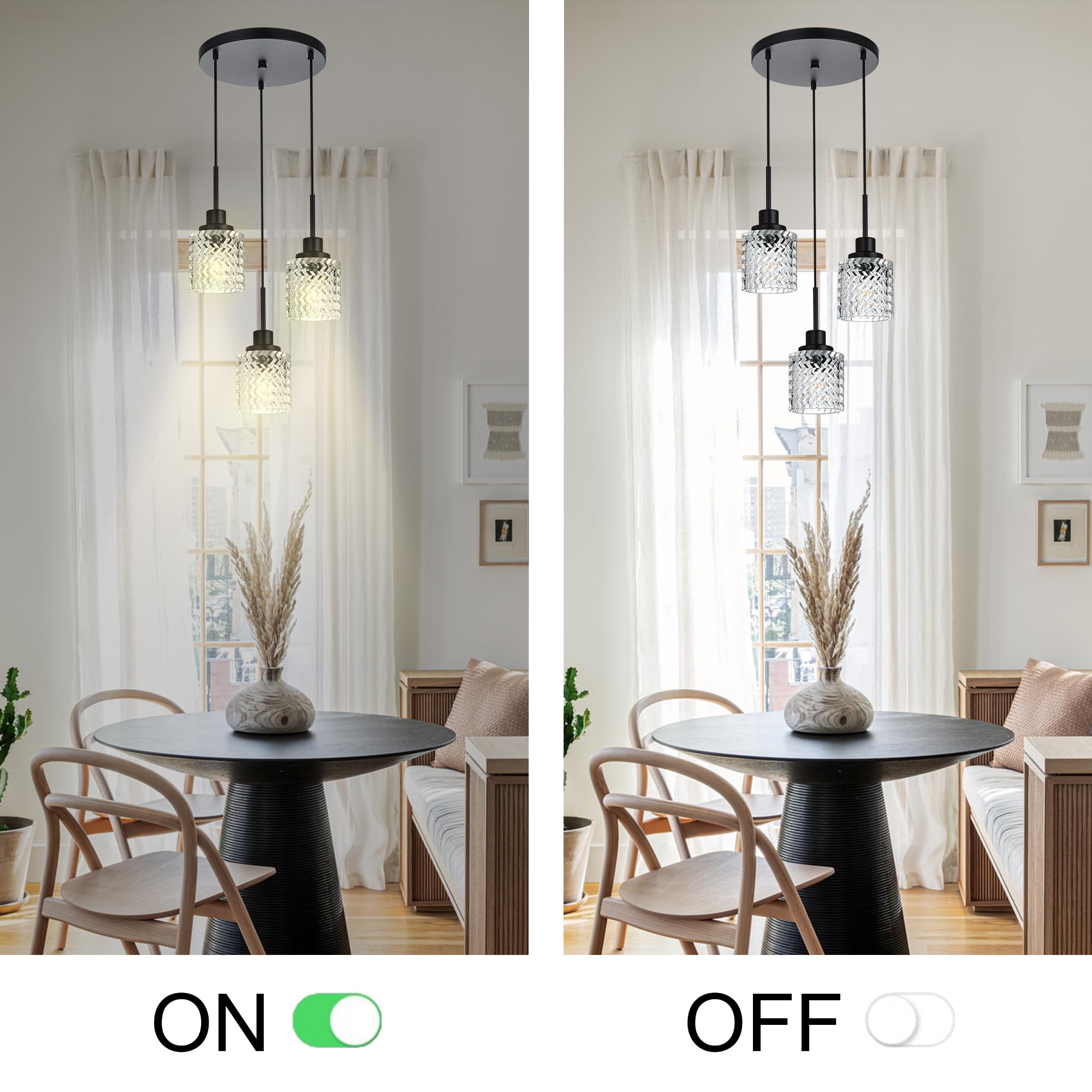 6 Lights Linear Chandeliers for Dining Room, Black Island Lighting Fixture Hanging Pendant Lights with Hammered Glass Shade for Kitchen Island, Dining Hall, Bar