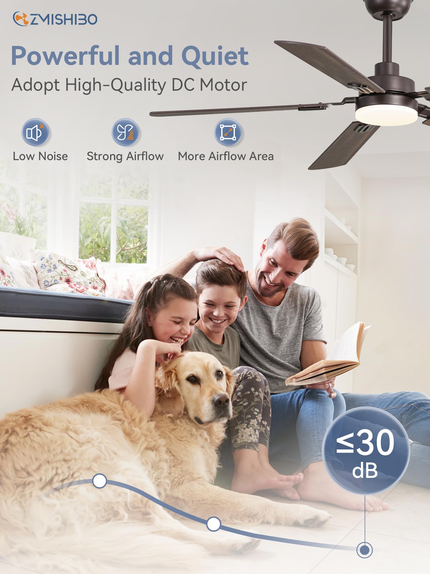 52" Ceiling Fans with Lights, Black Modern Ceiling Fan with Remote, Farmhouse Indoor Ceiling Fan with Dual Finish Blades, Quiet & Strong Motor, Bright LED Light.