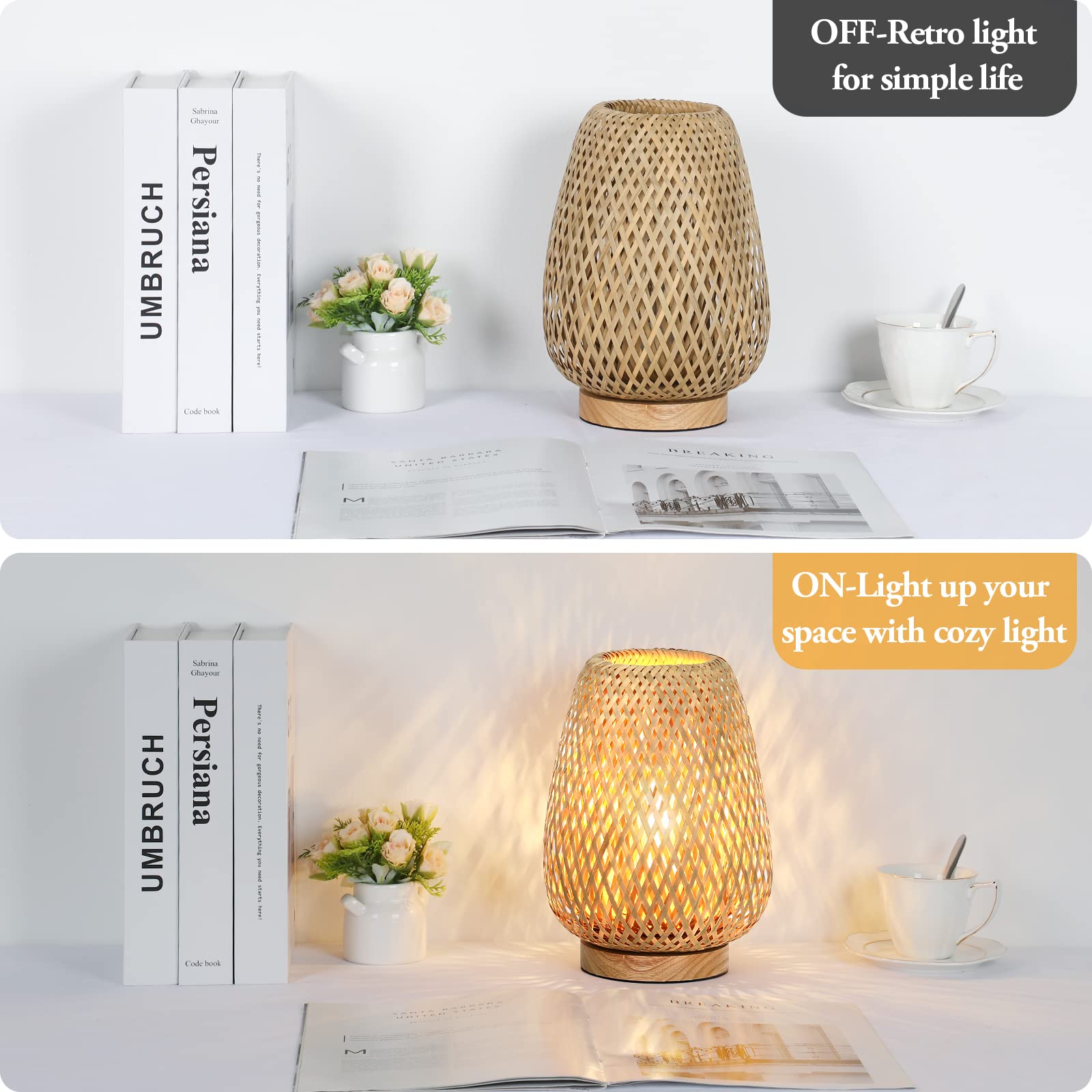 Rattan Table Lamp, Stepless Dimmable Small Beside Lamp, Vintage Wicker Wooden Nightstand Lamp, Boho Bamboo Woven End Table Lamp for Bedroom Living Room Desk Kids Room, 2700K T45 LED Bulb Included