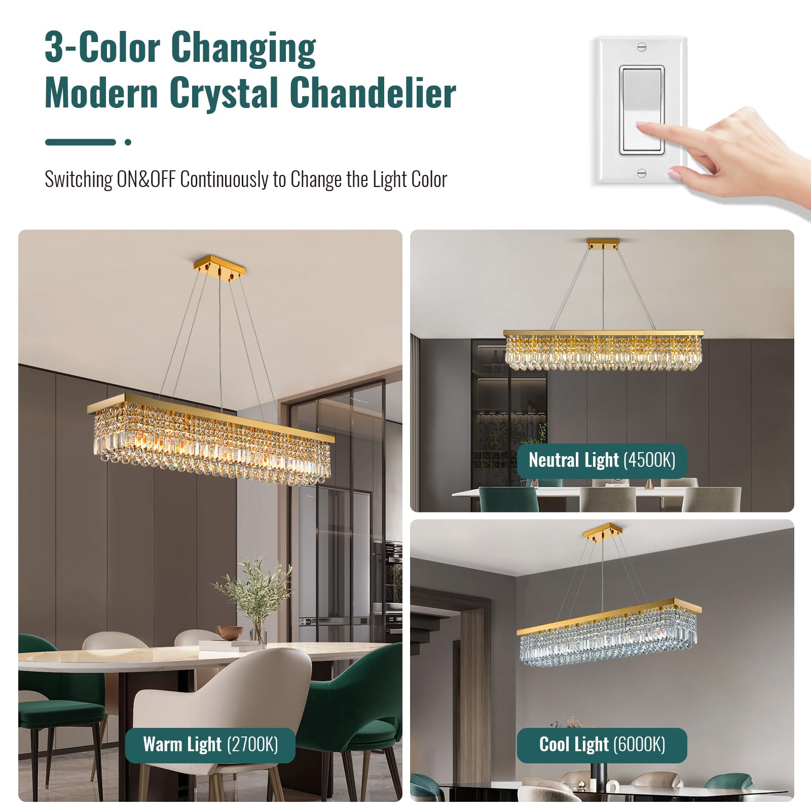 6-Light Modern Crystal Chandelier Rectangular Gold K9 Crystal Raindrop Chandelier for Dining Room, Luxury Adjustable Ceiling Pendant Light for Living Room Kitchen Island L31.5'' x W10'' x H10''