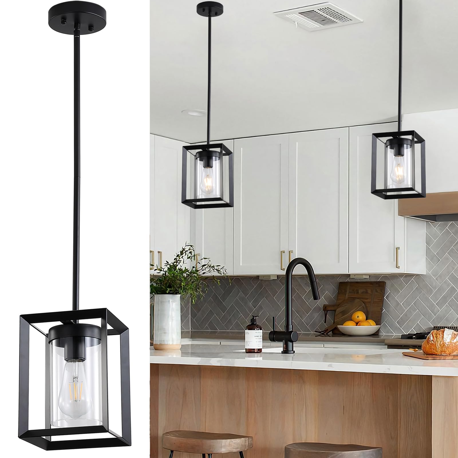 Black Kitchen Island Pendant Light,1-Light Modern Hanging Pendant Light Fixtures with Metal Cage and Clear Glass Shade,Pendant Lighting for Entryway Living Room Bedroom