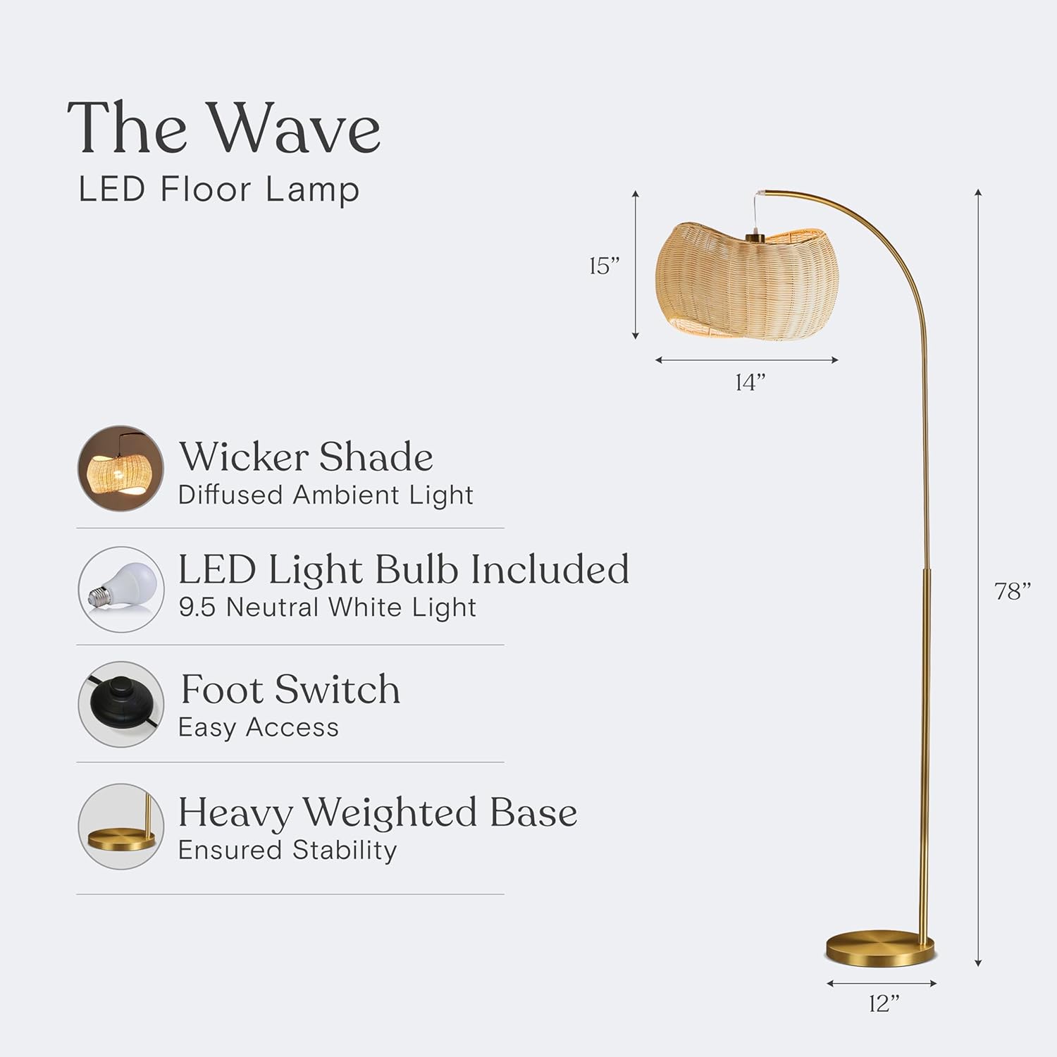 Wave Arched Floor Lamp – Unique Hanging Wicker Shade for Living Rooms – Rattan Style Matches Boho and Other Décor – Arcs Over Sofas and Dining Tables for Compliments - Brass