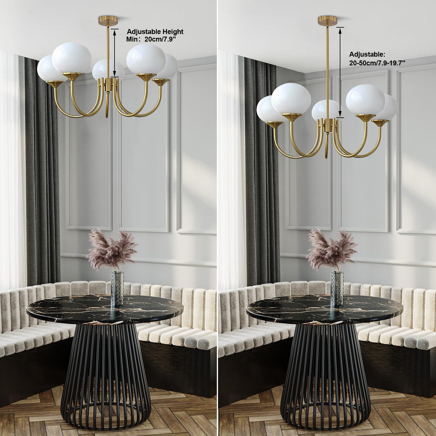 5-Light Modern Globe Sputnik Chandelier Mid Century Large Glass Gold Sputnik Pendant Lights Kitchen Island Vintage Milk Glass Dining Room Chandelier Brushed Brass Hanging Light Fixture