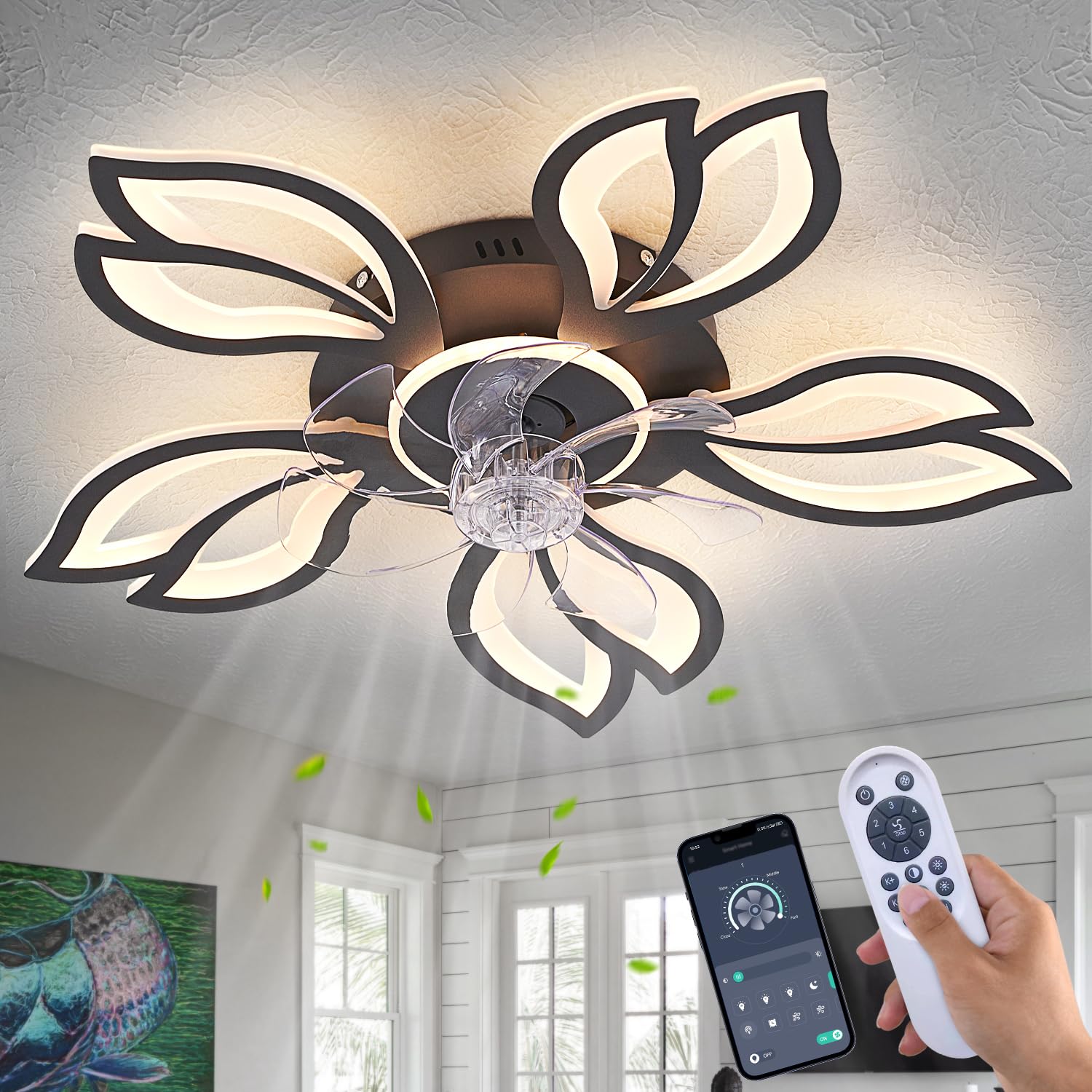 Ceiling Fan with Lights Remote Control, 24" Black, 6 Speeds 3 Light Color Low Profile Flush Mount Ceiling Fan for Kitchen Bedroom