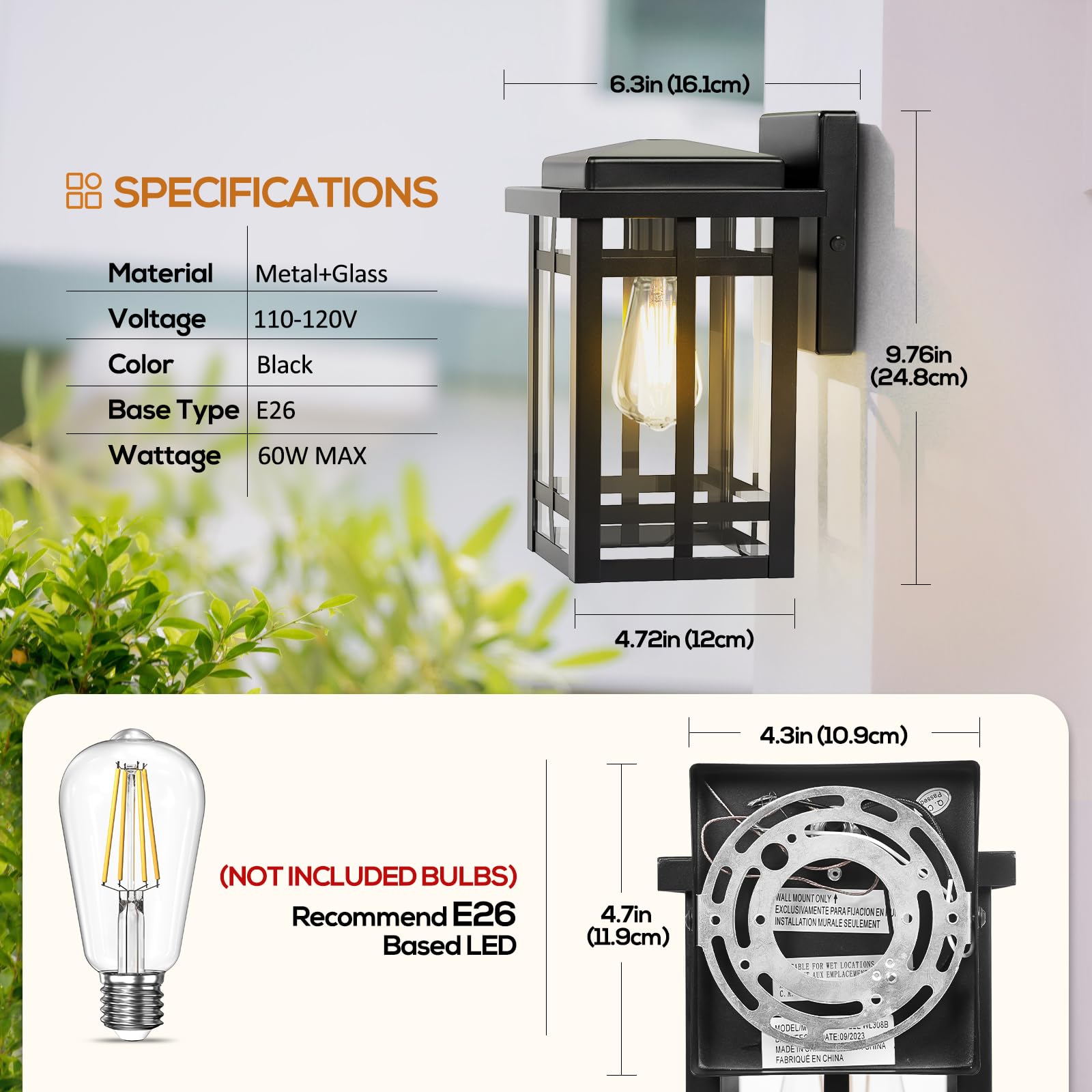 Outdoor Wall Light Fixtures 9.76'', Waterproof Porch Lights Wall Lanterns, Exterior Modern Matte Black Wall Mount Lighting, Anti-Rust E26 Socket Wall Scones for Front Door Garage, 2 Pack