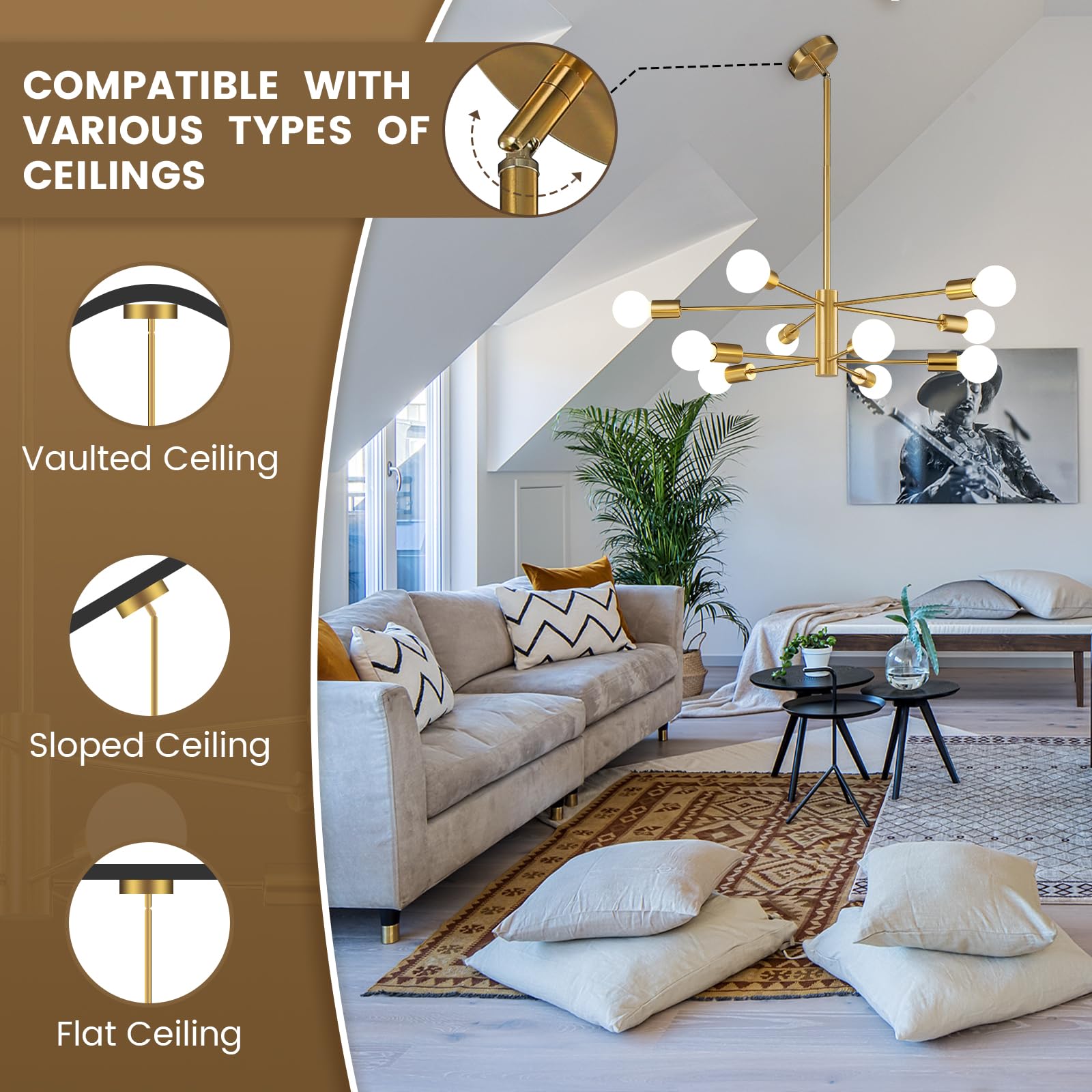 Sputnik Chandelier Modern Gold Chandelier 6-Light E26 Mid Century Ceiling Light Fixture Height Adjustable Hanging Pendant Lighting for Dining Room Kitchen Island Bedroom Office