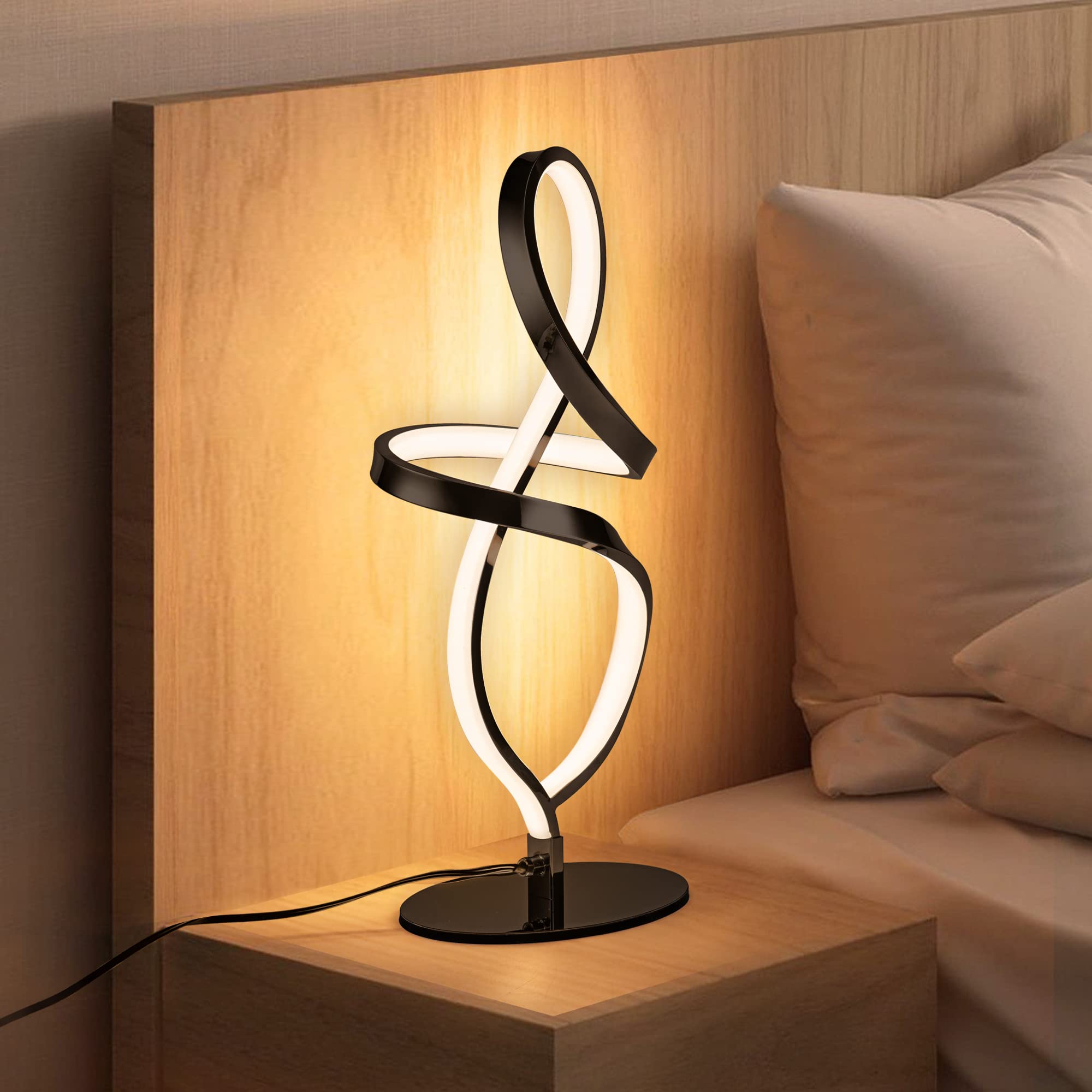 Modern Table Lamp, LED Spiral Lamp, Black Bedside Lamp with Stepless Dimming Switch, Contemporary Nightstand Lamp, LED Lamp for Bedroom Living Room Home Office, 12W, 3200K Warm White