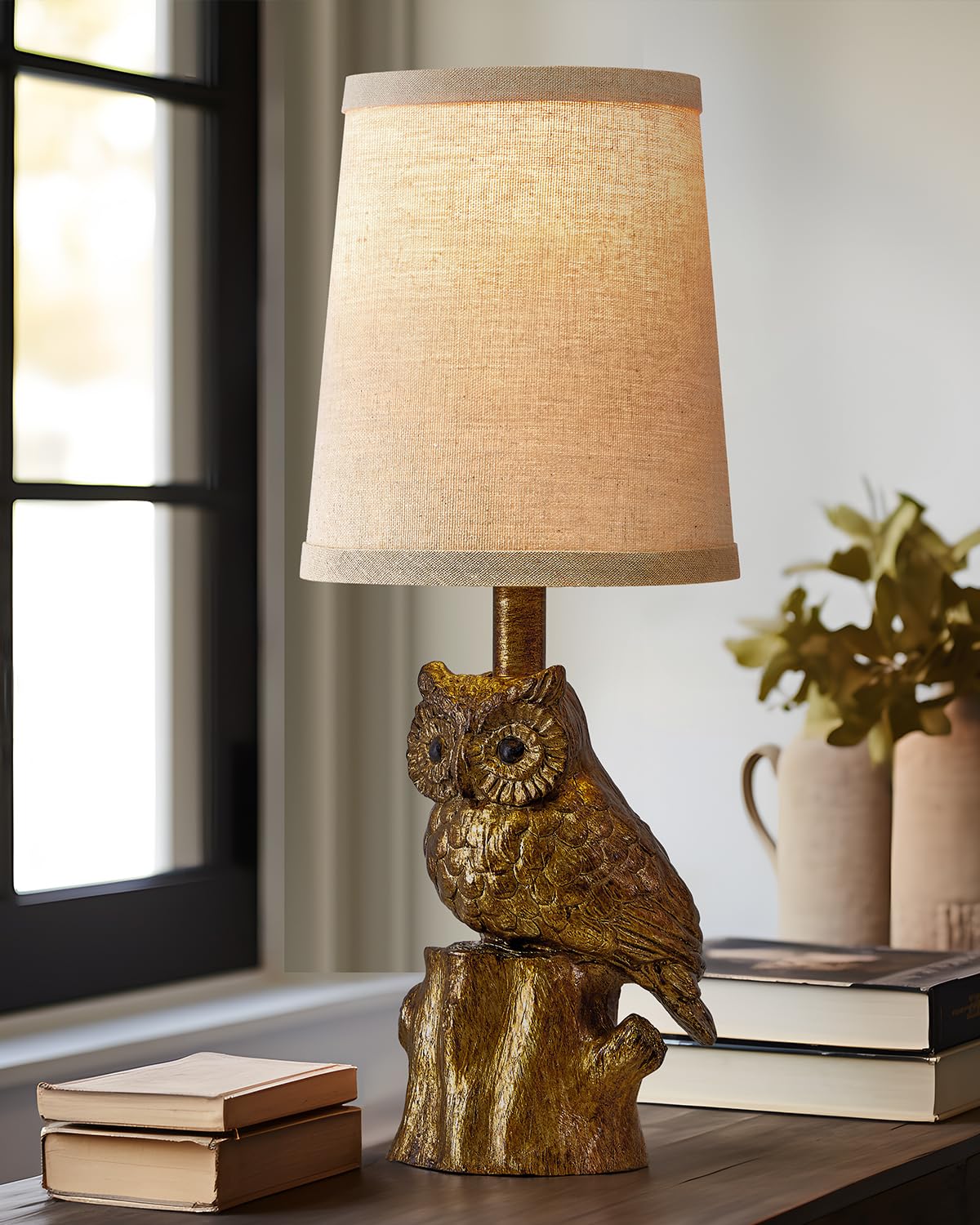 Small Table Lamp for Living Room Farmhouse Bedside Resin Single Lamp with Brown Owl Lamp Shape for Bedroom Retro Rustic Nightstand Lamp