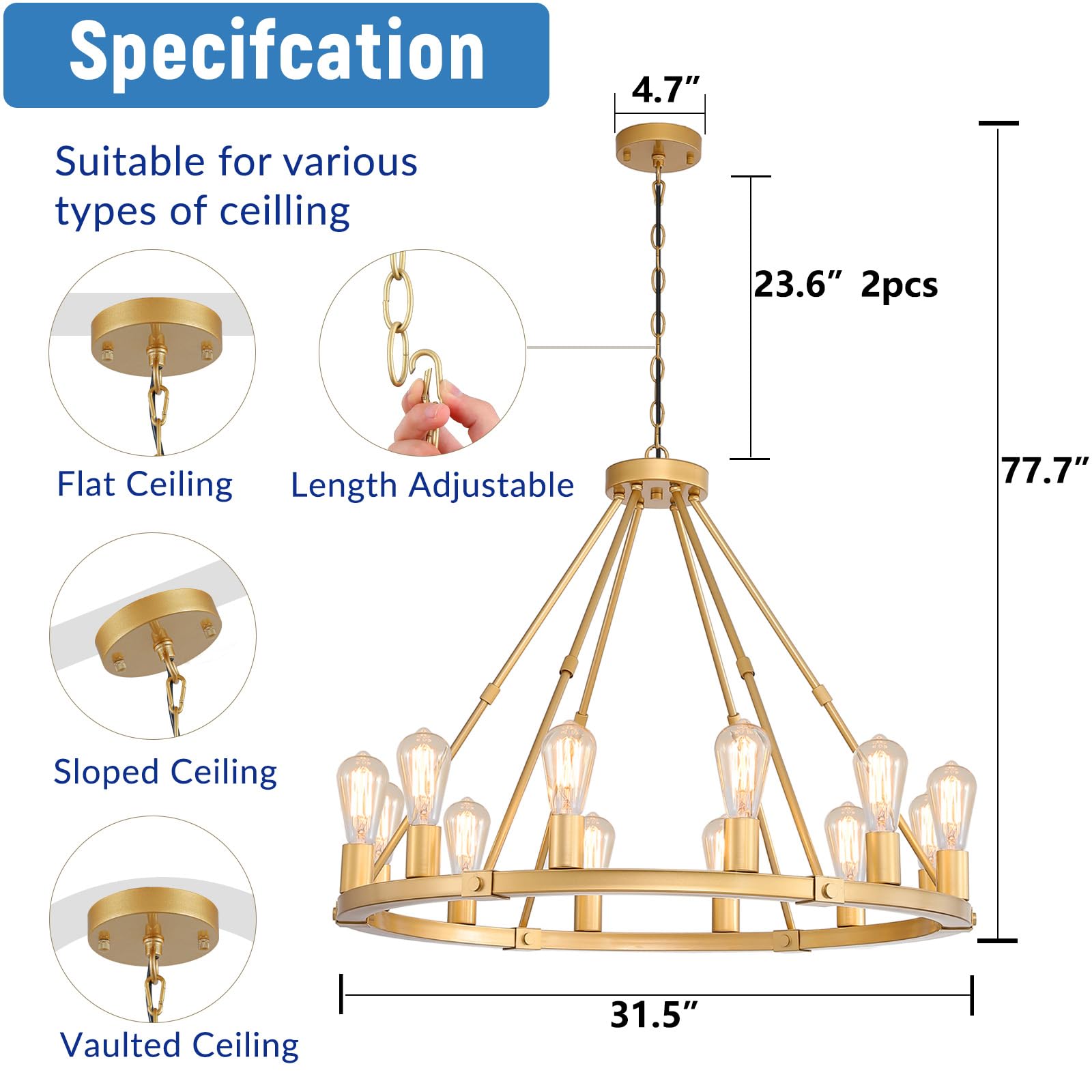 Gold Wagon Wheel Chandelier, 12-Light Industrial Pendant Light, 31.5'' Farmhouse Ceiling Hanging Chandelier Light Fixture for Living Room, Bedroom, Entryway, Foyer