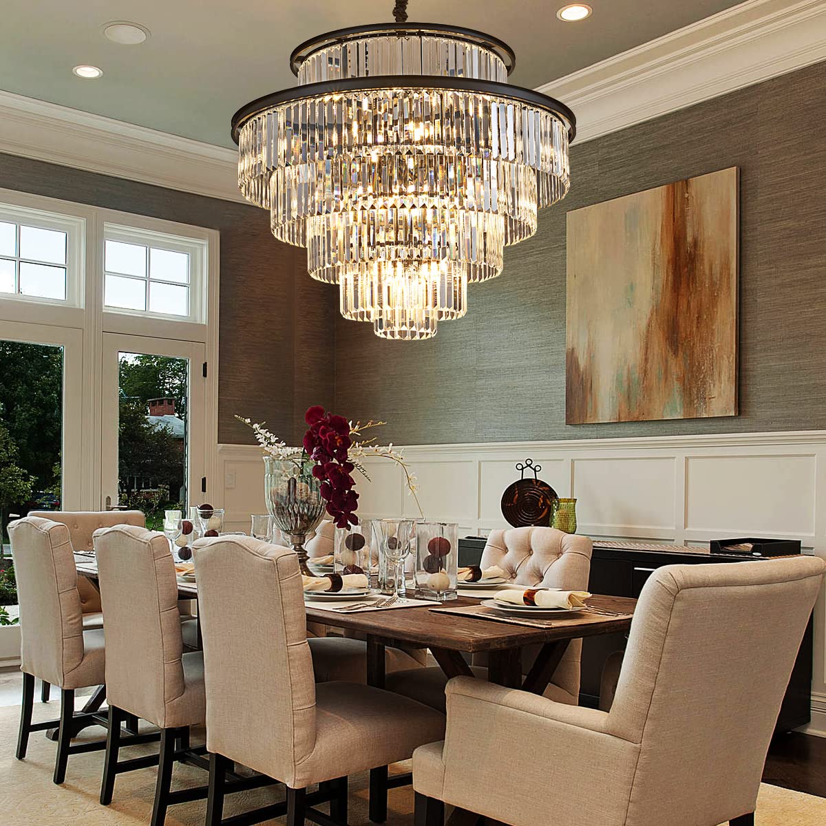 23" 8-Light Modern Crystal Chandelier Light Fixtures 2 Rings Gold Luxury Chandeliers for Dining Room Round Hanging Pendant Lighting for Living Room Kitchen Entryway Bedroom