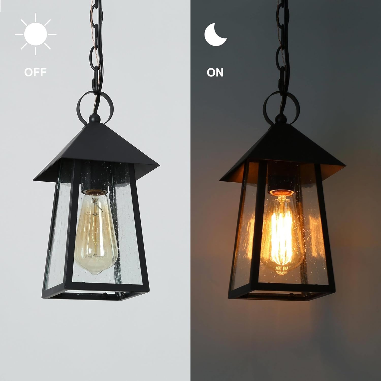 Outdoor Pendant Lights for Porch, Farmhouse Exterior Hanging Front Porch Light Fixture with Adjustable Chain and Seeded Glass Shade for Patio and Entry