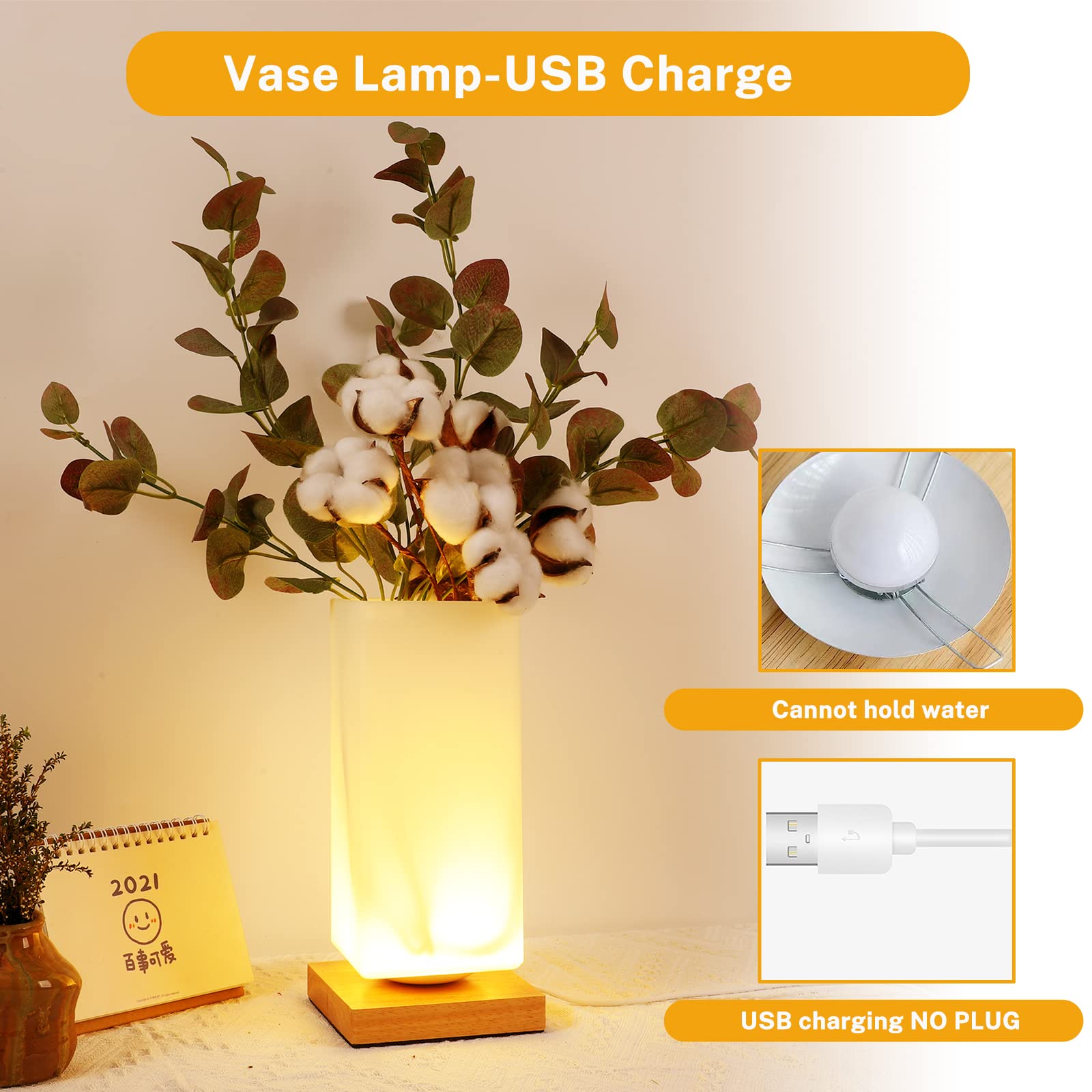 Vase Lamp Table Lamp USB Charge Flower Lamp Vase Table Lamp Dimmable Bedside Lamp Frosted Glass Shade with Wood Base for Bedroom Living Room Office Desk