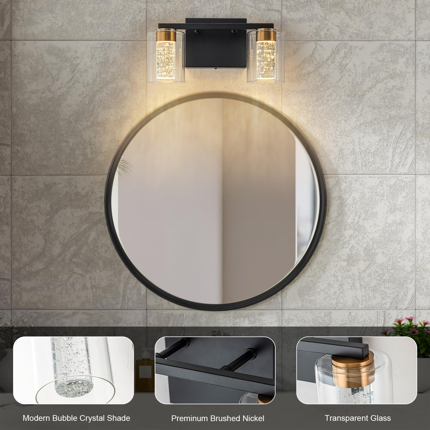 2-Light Brushed Nickel Vanity Light with 3 Color Modes (3000K/4000K/6000K), Eye Protection LED Bathroom Light Fixture, Dimmable Modern Wall Light Over Mirror with Clear Glass Shade