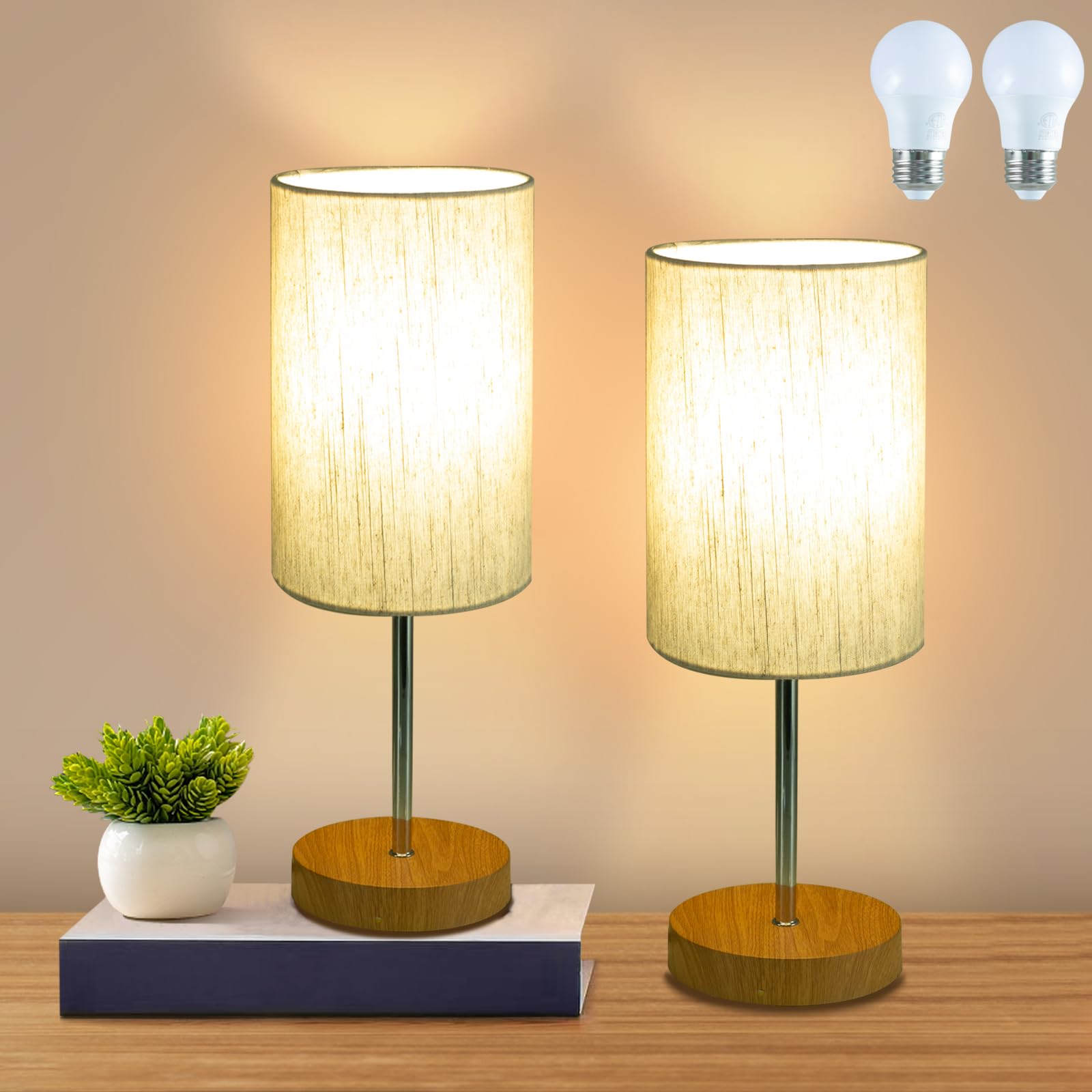 Small Table Lamp for Bedroom, Bedside Lamps for Nightstand with Wire Switch, Minimalist Modern Desk Lamps with Linen Fabric Shade for Kids Room Living Room Office Dorm