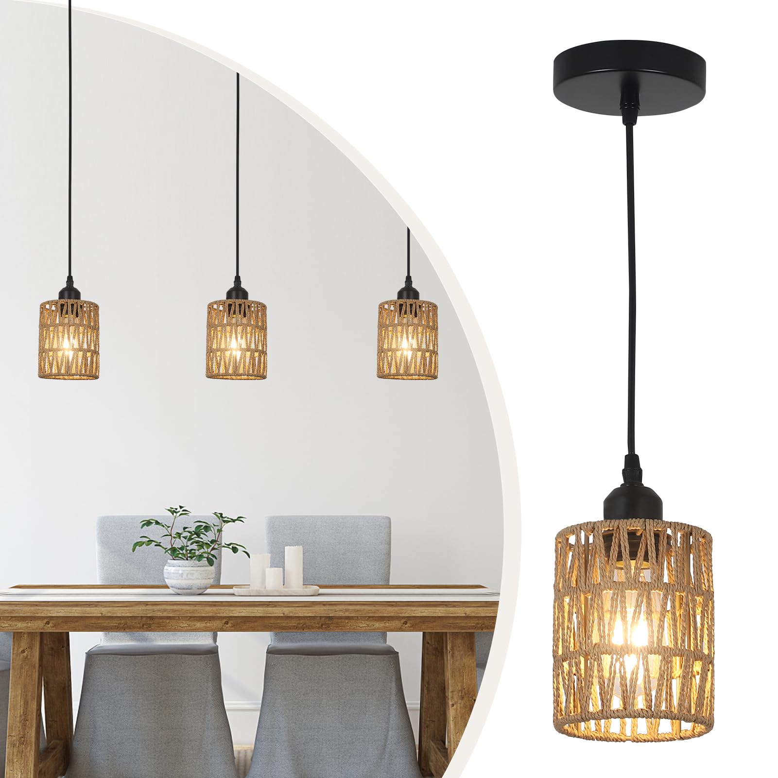 Rattan Pendant Lights, Boho Farmhouse Pendant Lighting with Hand Woven Natural Rattan Shade, Small Wicker Light Fixtures Ceiling Hanging for Dining Room Kitchen Bedroom Foyer Hallway