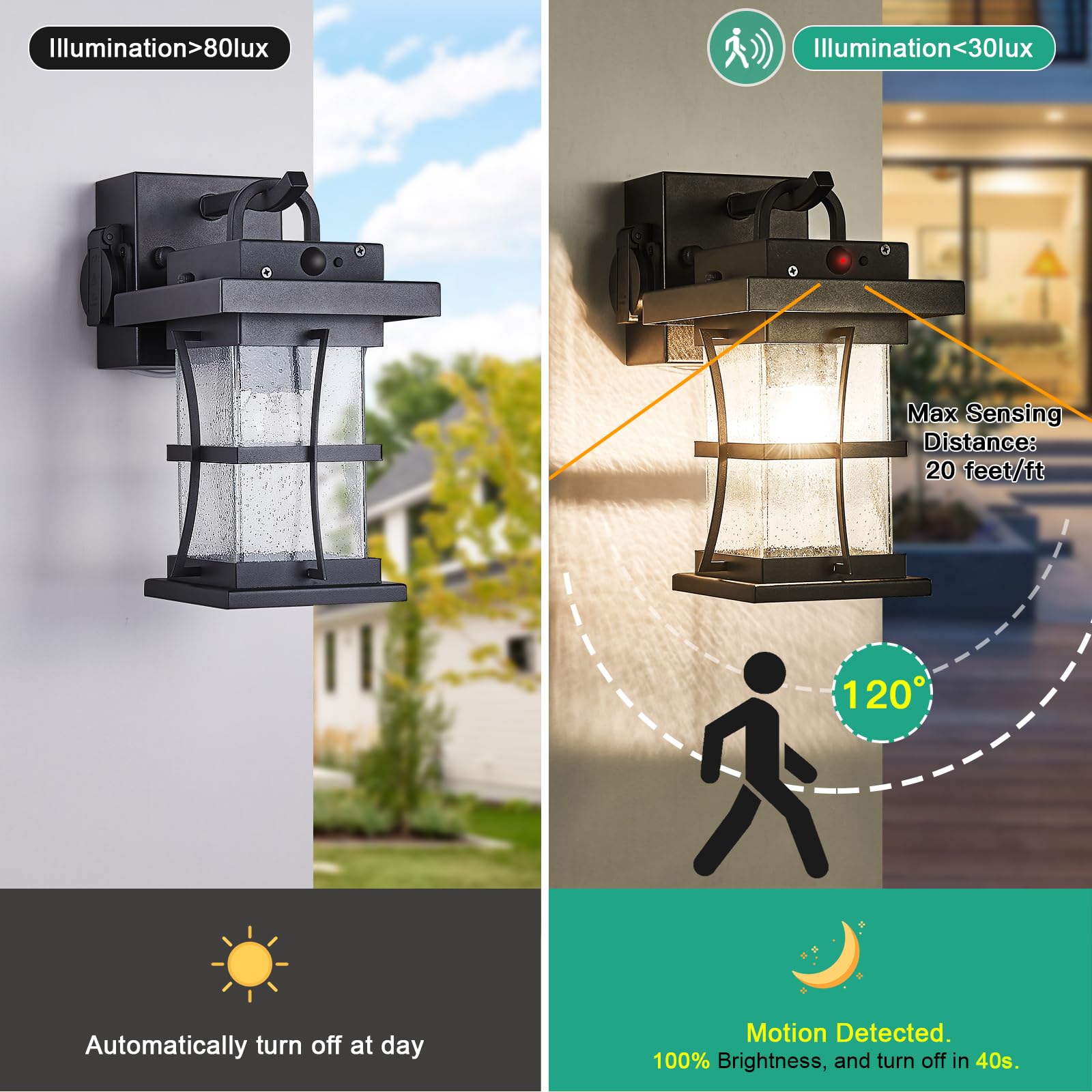 Outdoor Pendant Light Fixture with Dusk to Dawn Sensor Exterior Hanging Lantern with Adjustable Chain Black with Seeded Glass Outside Lights for House Patio Front Porch Lighting