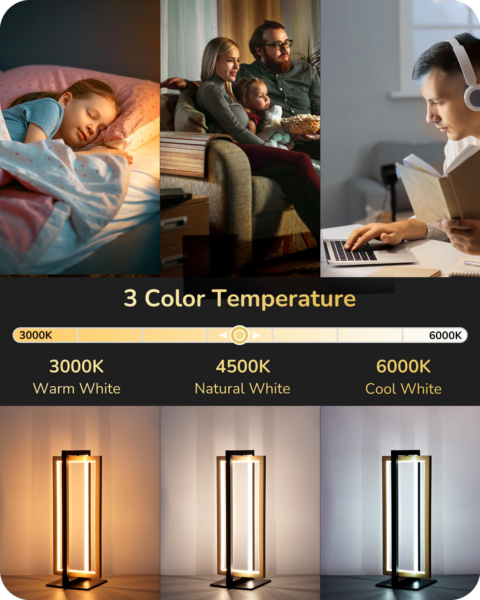 EDISHINE Modern LED Table Lamp, 750LM Stepless Dimmable Bedside Lamp, 3 Color Temperature, Switch Control Nightstand Lamp for Living Room Bedroom, Dual-Frame Rectangle, Angle Adjustable