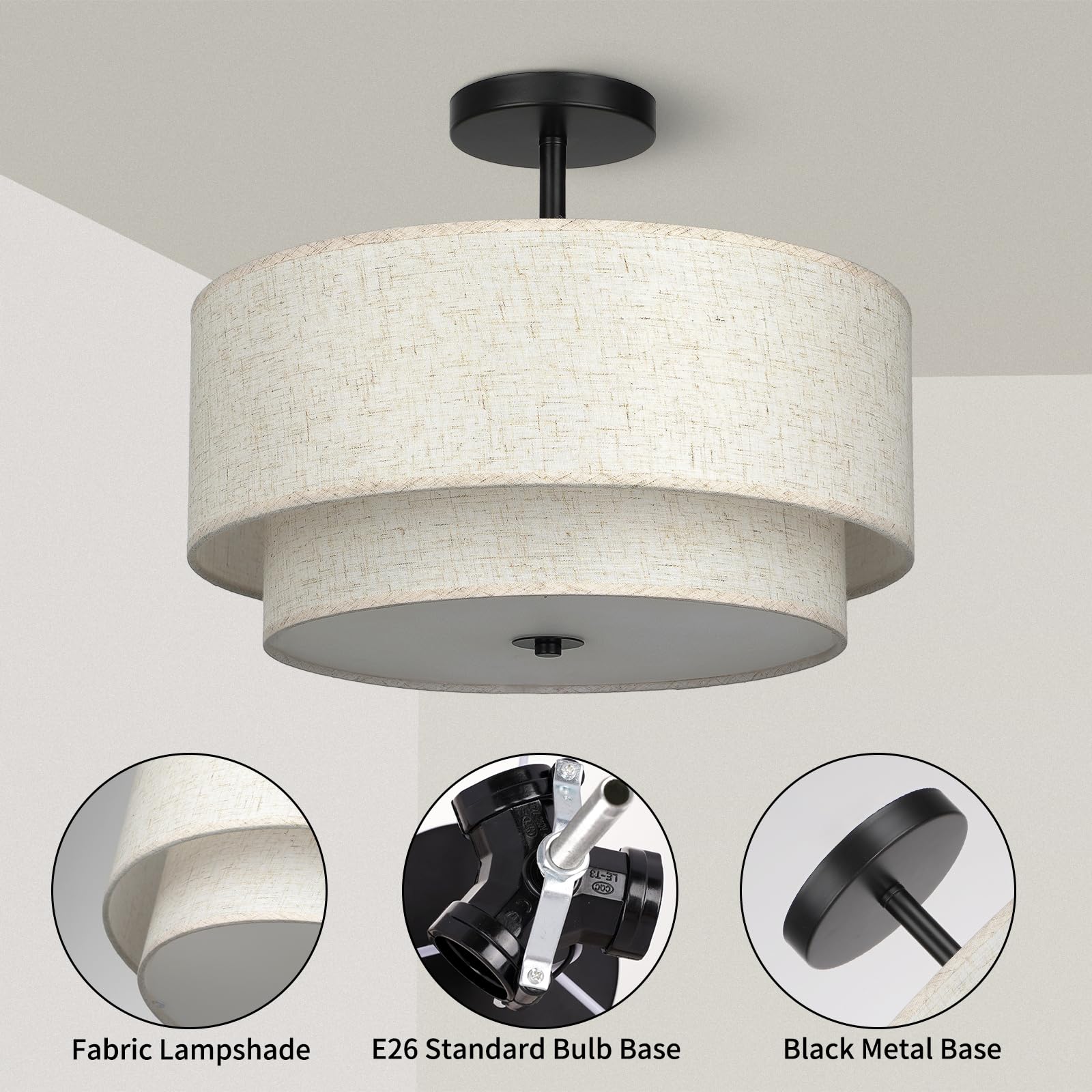 Modern Semi Flush Mount Ceiling Light - Easric Light Fixtures Ceiling Mount Hallway Light Fixtures Ceiling with Black 2-Layer Fabric Shade Drum Ceiling Lights for Bedroom,Dining Room,Kitchen,Foyer