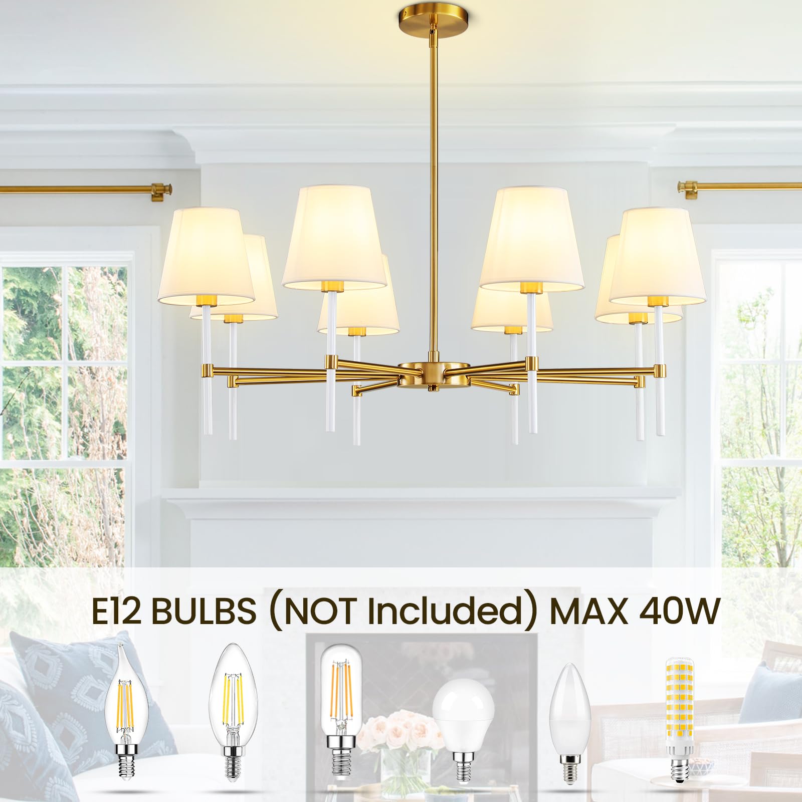 Dining Room Chandeliers Light - 5-Light White and Gold Modern Chandeliers Light Fixtures with White Fabric Shade, Height Adjustable Pendant Island Light for Entryway Farmhouse