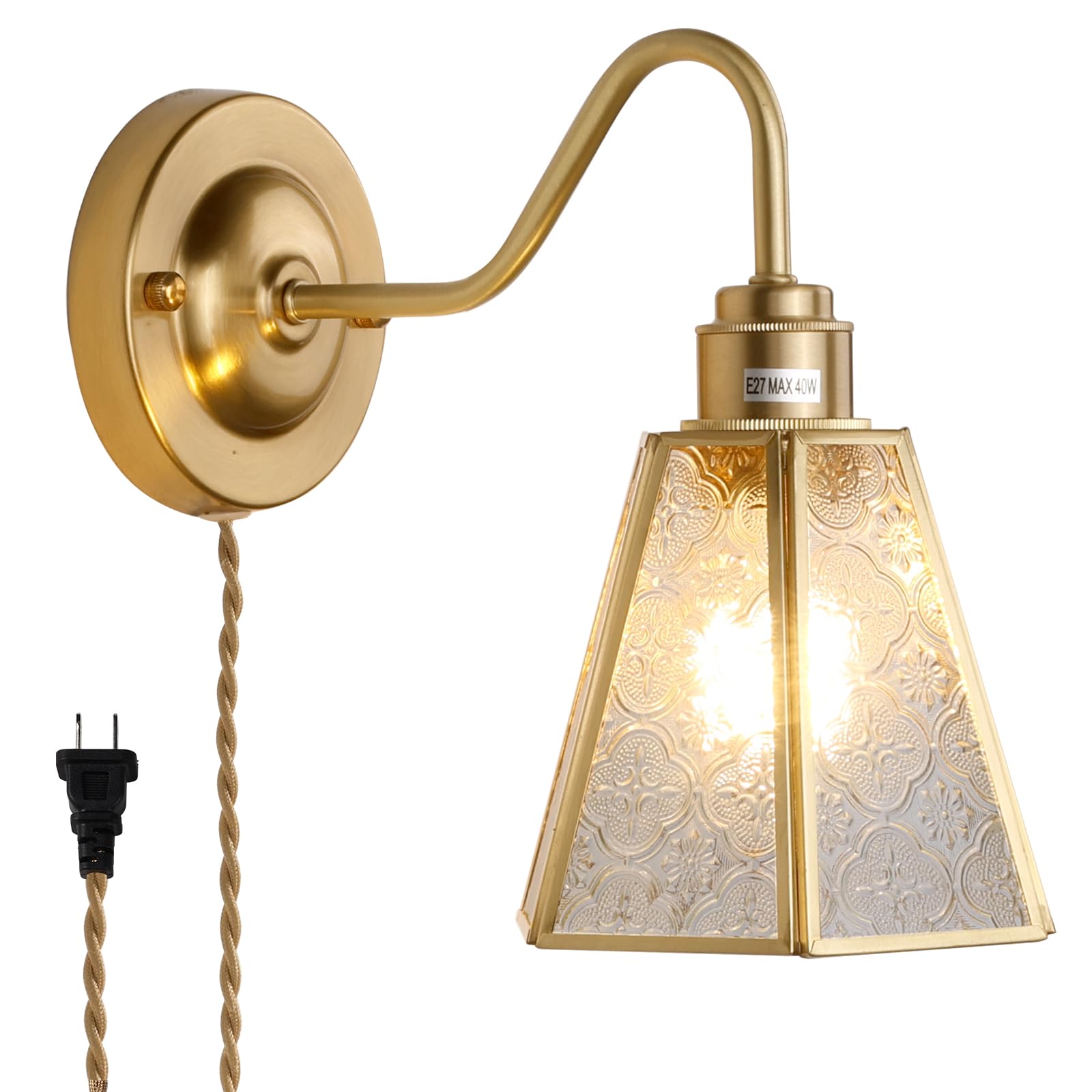 Wall Sconce, Wall Mounted Lamps with Green Checker Sconce, Stained Glass Shade Brass Wall Lights Fixture with Plug in Cord and Switch for Bedroom Bathroom Living Room Hallway