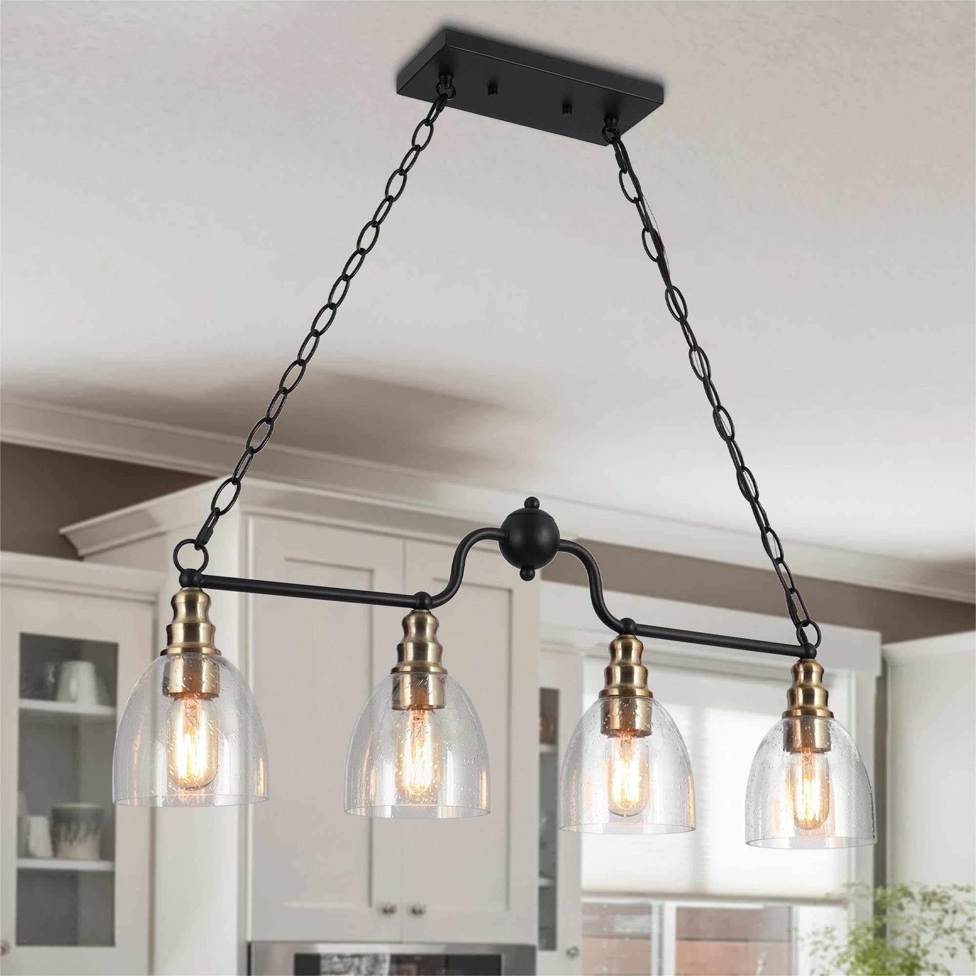 Modern 4 Light Black Gold Chandelier, 32.3” Dining Room Light Fixture Hanging with Seeded Glass Shades and Imitation Electroplated Copper Craft for Kitchen Island