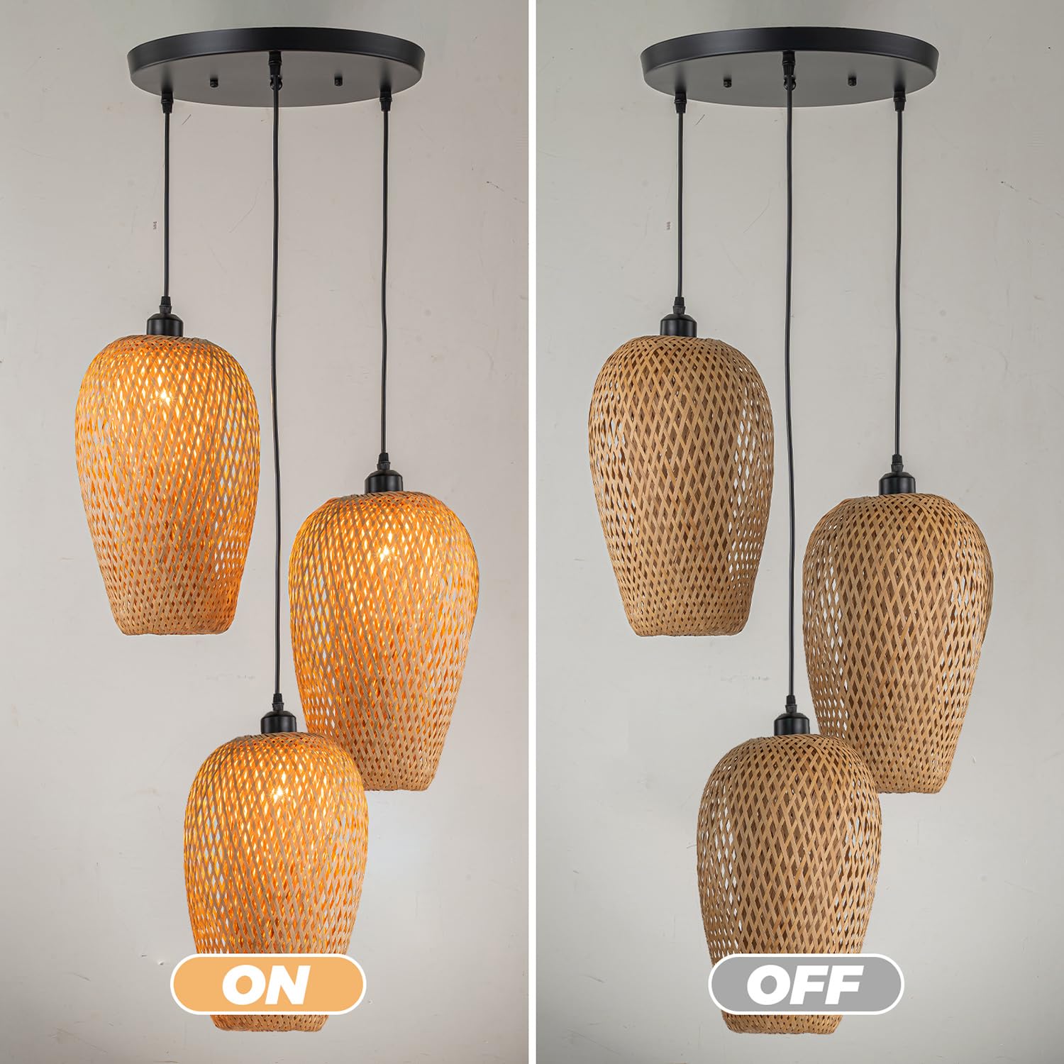 Rattan Pendant Light Bamboo Hanging Light 3-Lights Boho Pendant Light Fixture Woven Basket Wicker Shade Rattan Chandelier for Living Room Dining Room Kitchen