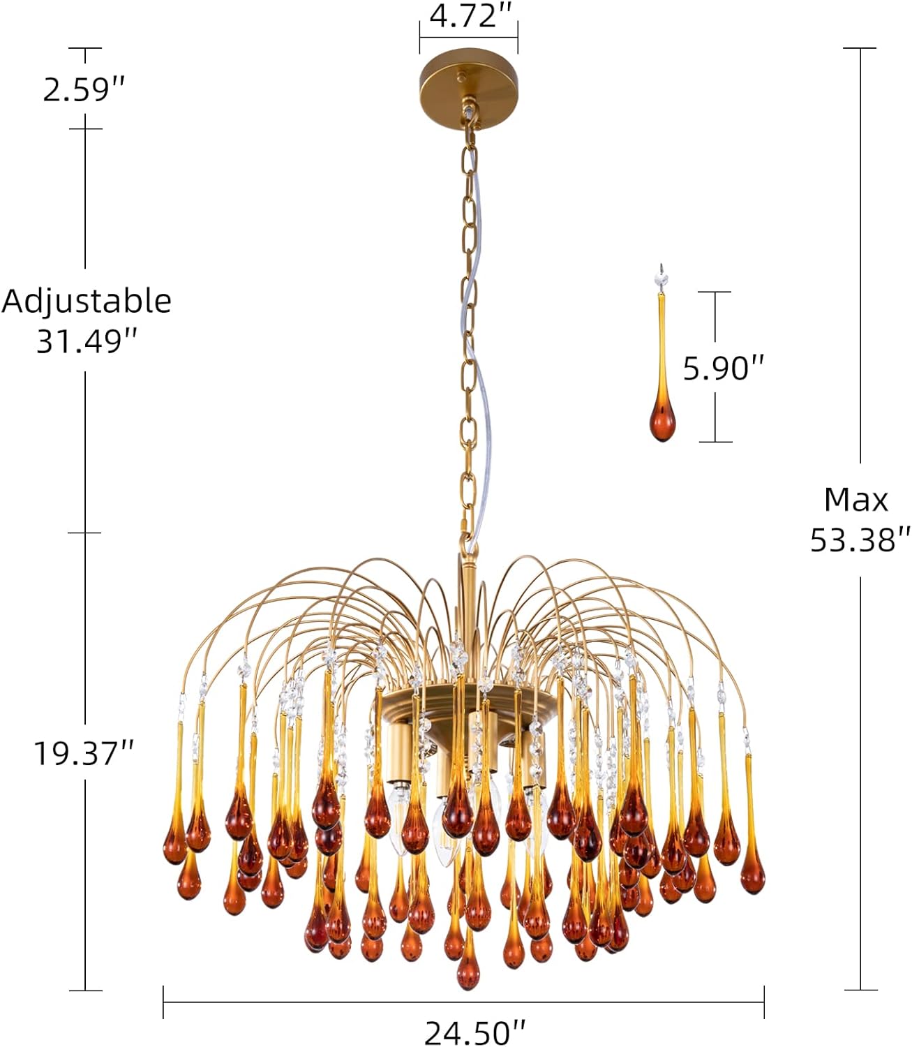 Crystal Gold Chandelier Modern Chandeliers for Dining Room, Raindrop Crystal Chandelier Light Fixture, Vintage Pendant Lighting for Living Room, Bedroom, Bathroom, Foyer, Kitchen Island, 24.5”W