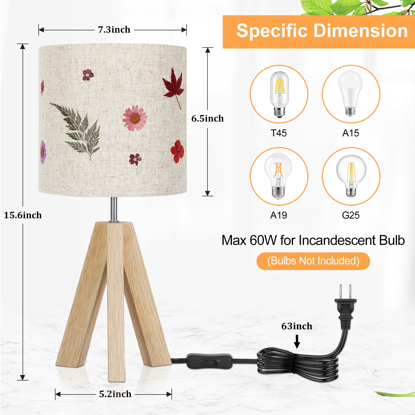 Small Beside Table Lamp, Wood Tripod Table Lamp with White Fabric Shade, Cute Boho Nightstand Lamp, Minimalist Desk Lamp for Bedroom Living Room Nursery Kids Room Office Dorm, Bulb Not Included