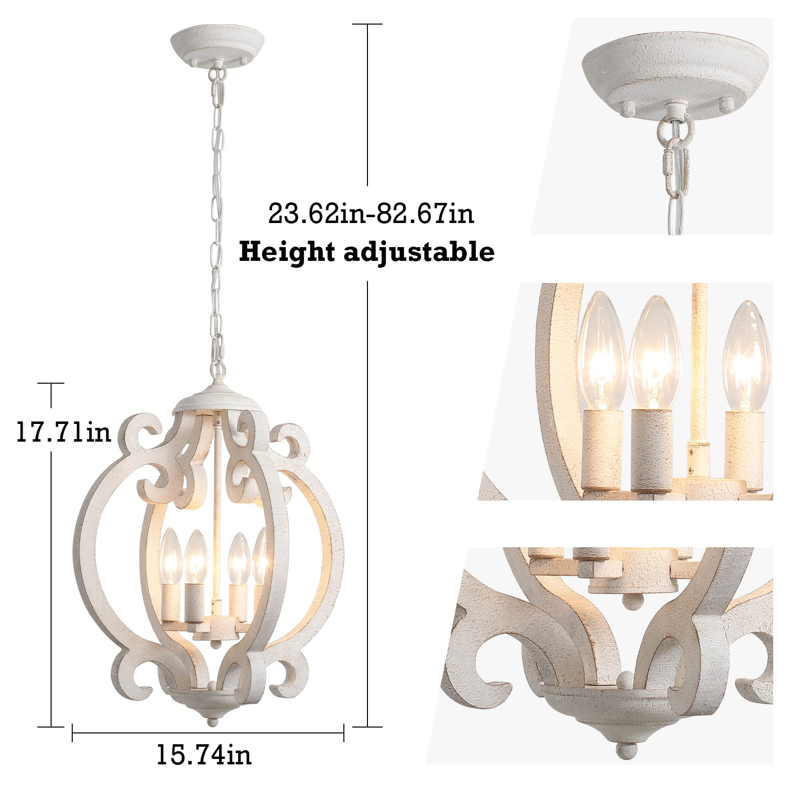 Antique Distressed White & Gold Wooden Farmhouse Chandelier for Dining Room, 5 Lights French Country Chandeliers Rustic Pendant Lighting for Living Room Kitchen Island Bedroom Entryway