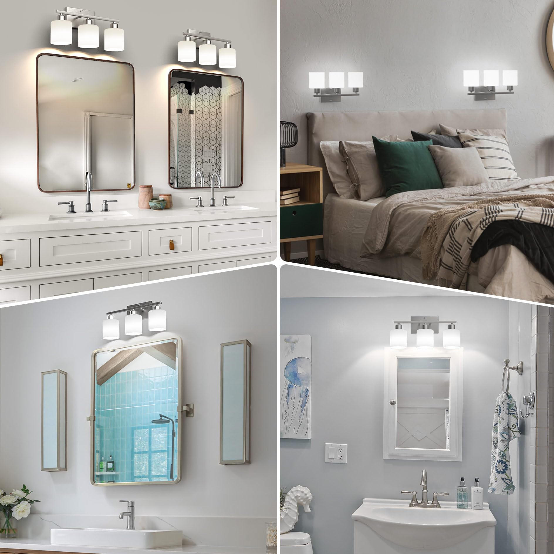 Black Bathroom Light Fixtures Over Mirror, Rustproof Vanity Lights for Bathroom, Modern 3-Light Wall Sconces for Living Room, Milky White Glass Shades, Standard E26 Base, Bulbs Not Included