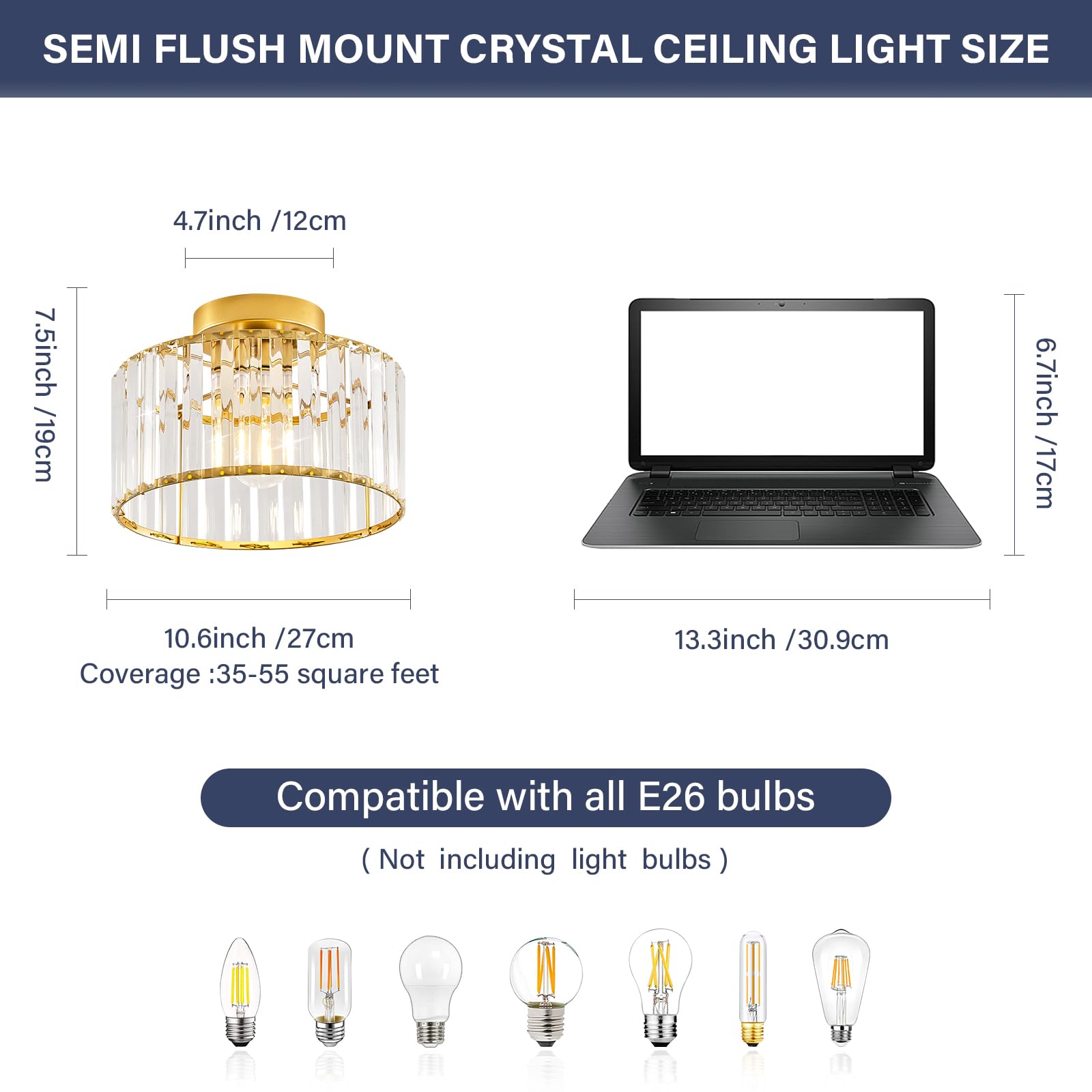 Modern Gold Semi Flush Mount Ceiling Light Crystal Hallway Light Fixture Metal Close to Ceiling Lamp for Kitchen Living Room Bathroom Entryway Bedroom