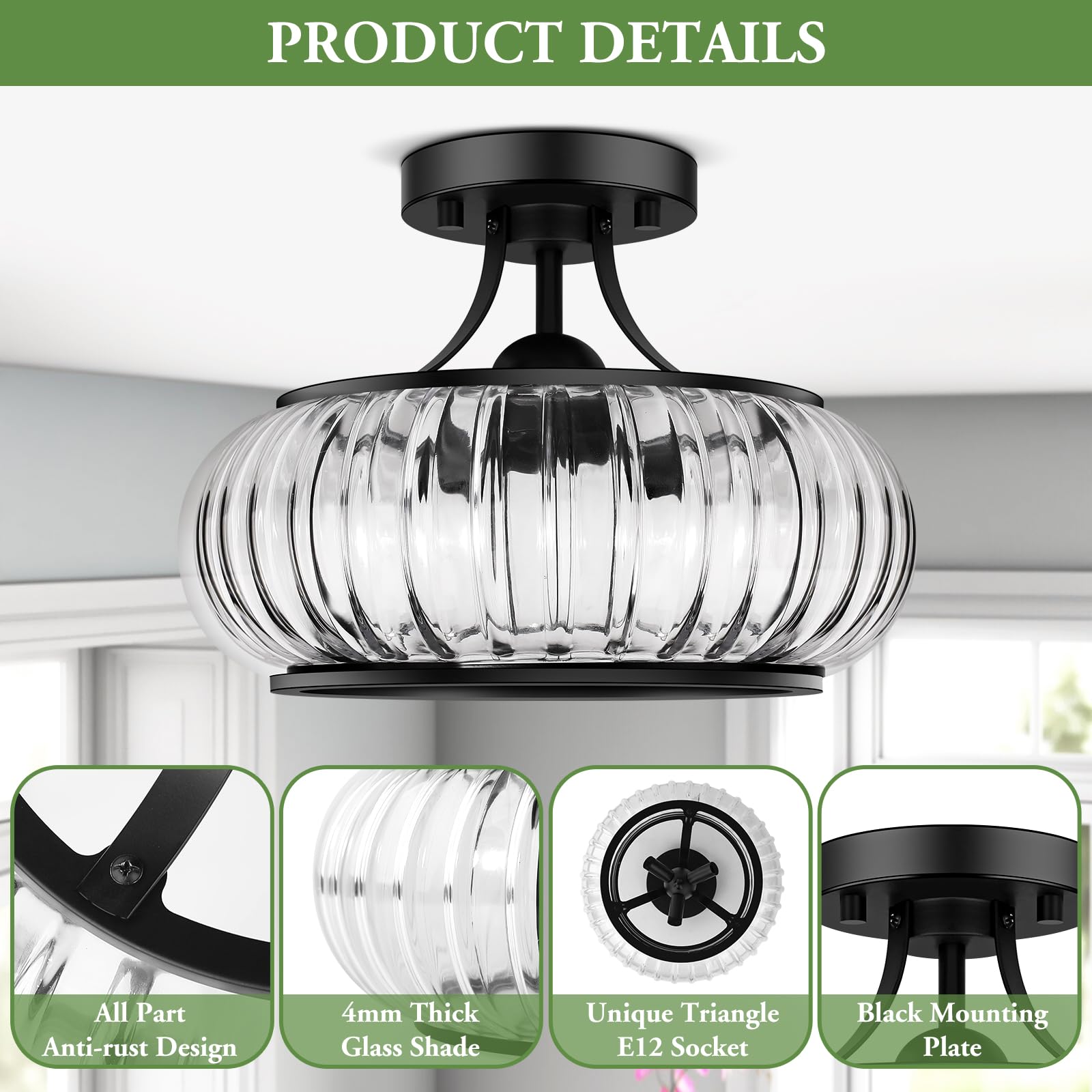 Modern 3-Light Semi Flush Mount Ceiling Light, Clear Glass Hallway Ceiling Light Fixture with Round Shade, Industrial Black Glass Close to Ceiling Lamp for Bathroom Kitchen Bedroom Porch