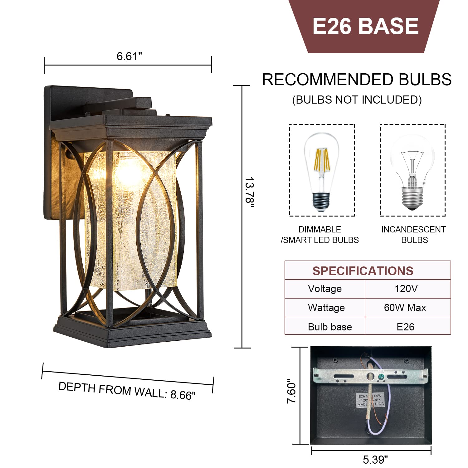 Outdoor Pendant Light Fixtures Dusk to Dawn Exterior Ceiling Hanging Lantern for Porch, Modern Black Outside Chandelier Light with Crack Glass for Front Door Porch Gazebo Foyer Entryway