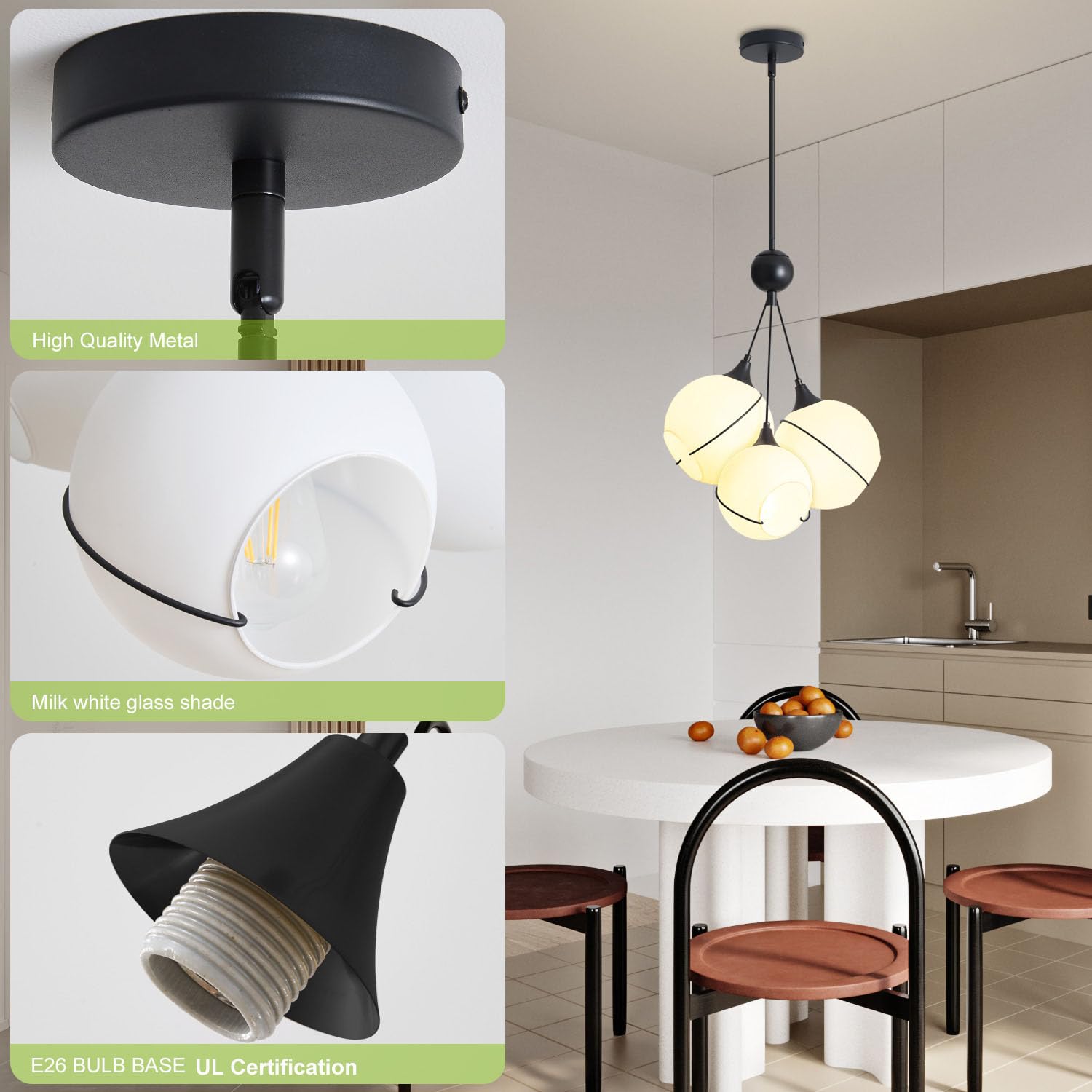 Modern Chandelier, Glass Pendant Lights Kitchen Island, Kitchen Pendant Lighting Over Island, Mid Century Matte Black Chandelier with Milk White Glass Globe Shades