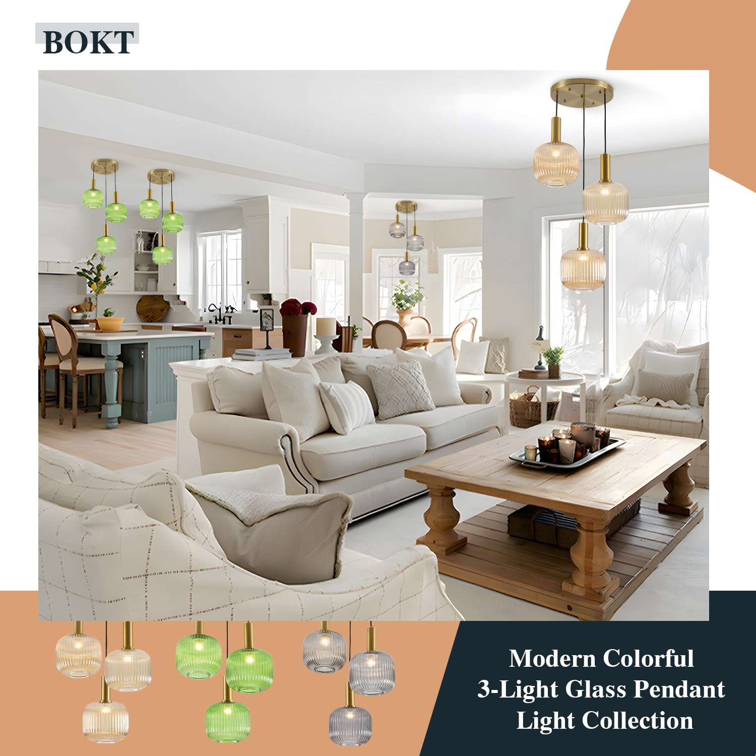 BOKT Modern Smokey Gray Glass Globe Pendant Light Adjustable 3-Light Cluster Pendant Lights Open Glass Kitchen Island Pendant Chandelier Vintage Multi Light Pendant Lighting Cluster Chandeliers