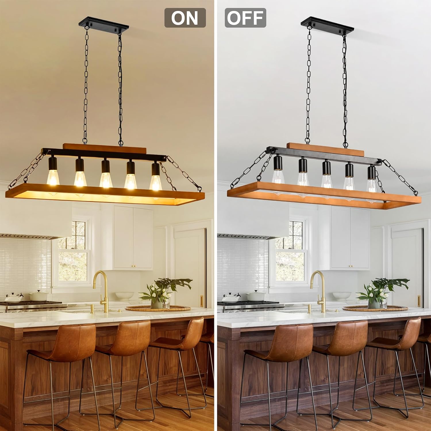 Rustic Farmhouse Hanging Fixture, 5 Lights Wooden Island Light Retro Chandelier, Ceiling Hanging Pendant Light Fixture for Kitchen Island Dining Room Over Table with Metal Chain