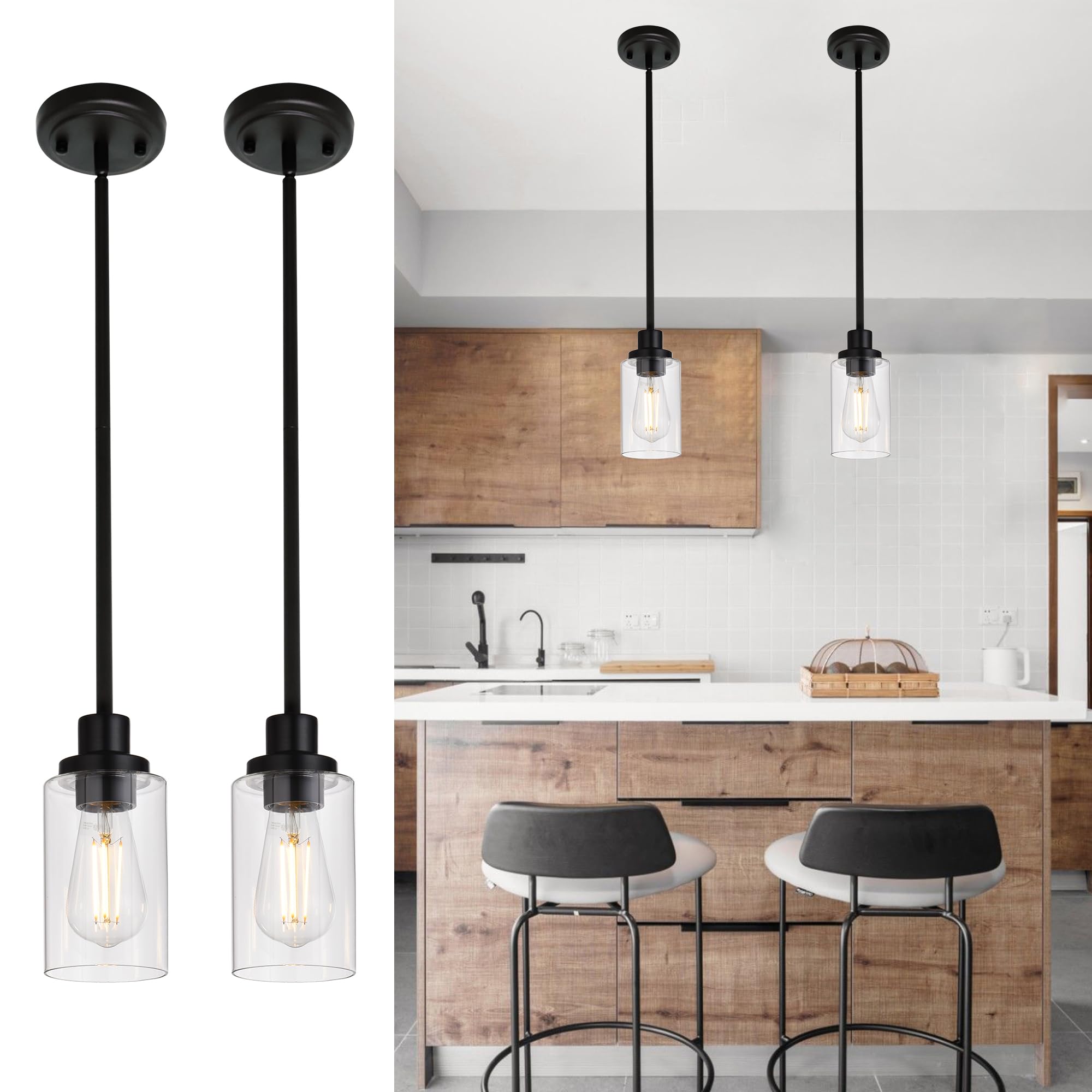 Black Pendant Lights for Kitchen Island, 5-Light Dining Room Light Fixtures Linear Chandeliers with Clear Glass Shade, DIY Hanging Lamp Ceiling for Dining Room Kitchen Bar