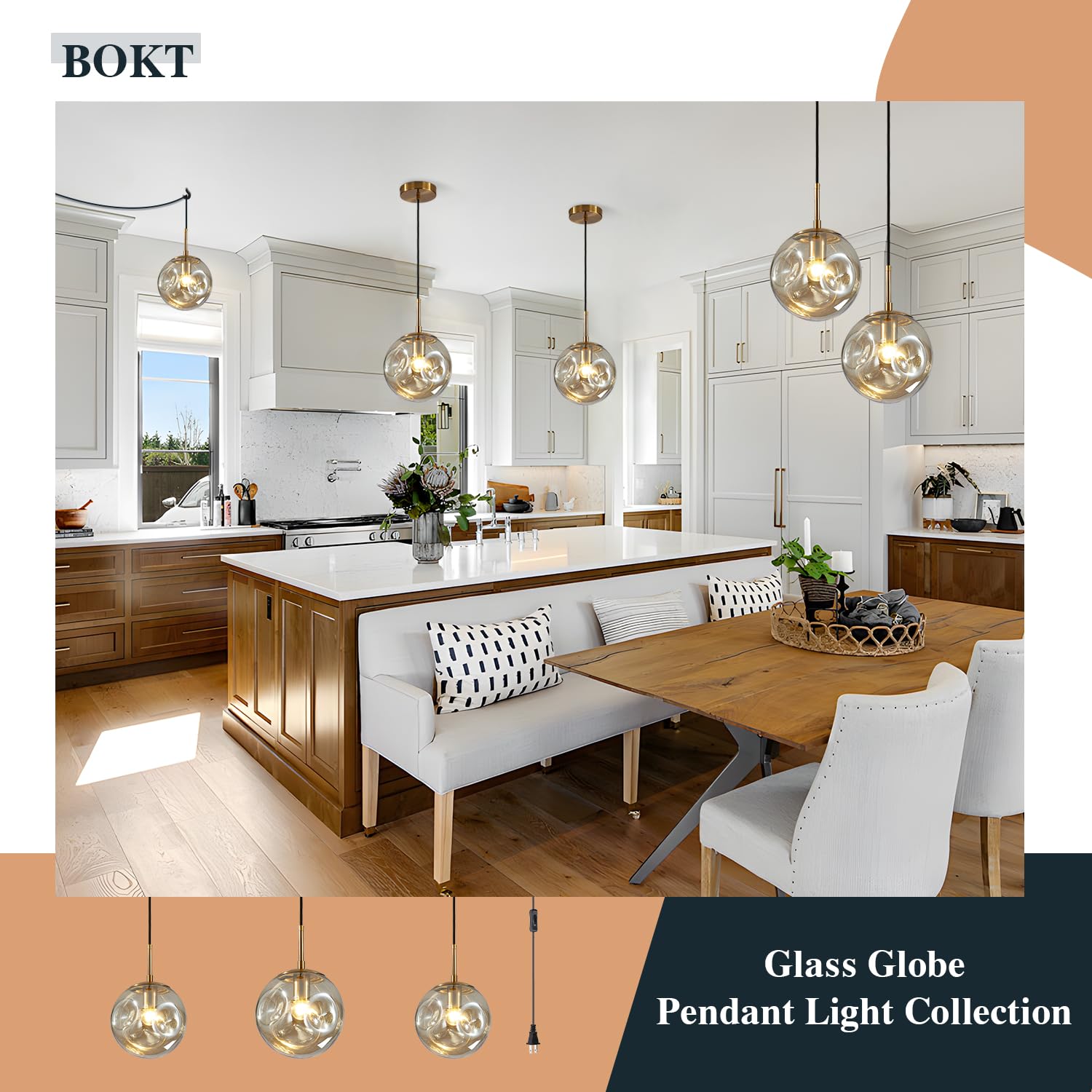 BOKT Modern Gold Kitchen Island Pendant Light Mid Century 3-Lights Globe Pendant Light Fixture Cluster Multi Light Pendant Lighting Bedside Glass Ball Pendant Lamp