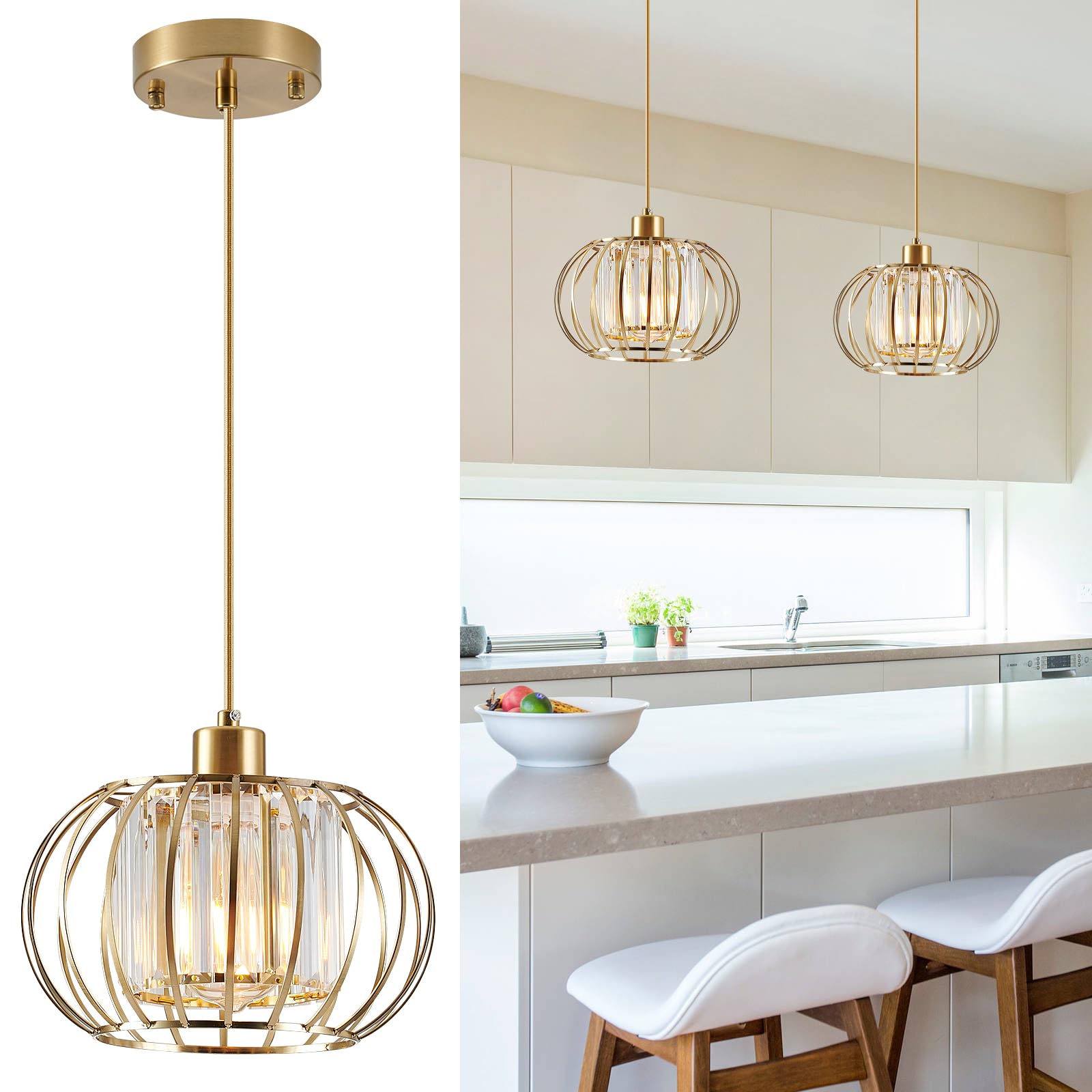 Gold Pendant Light Fixture, Modern Crystal Pendant Lights Kitchen Island, 1-Light Farmhouse Mini Chandelier, Adjustable Brass Hanging Light Fixture for Hallway, Bedroom, Dining Room