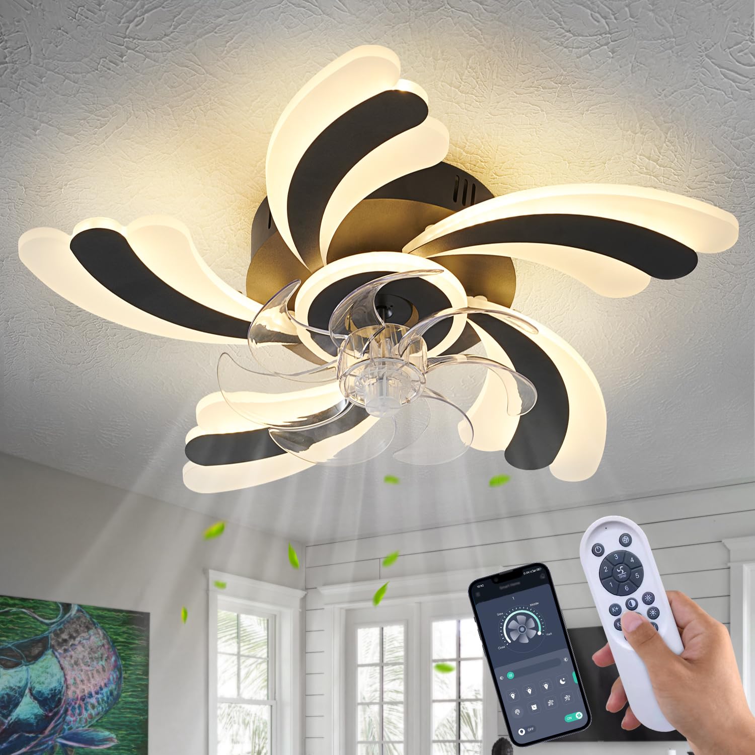 Ceiling Fan with Lights Remote Control, 24" Black, 6 Speeds 3 Light Color Low Profile Flush Mount Ceiling Fan for Kitchen Bedroom