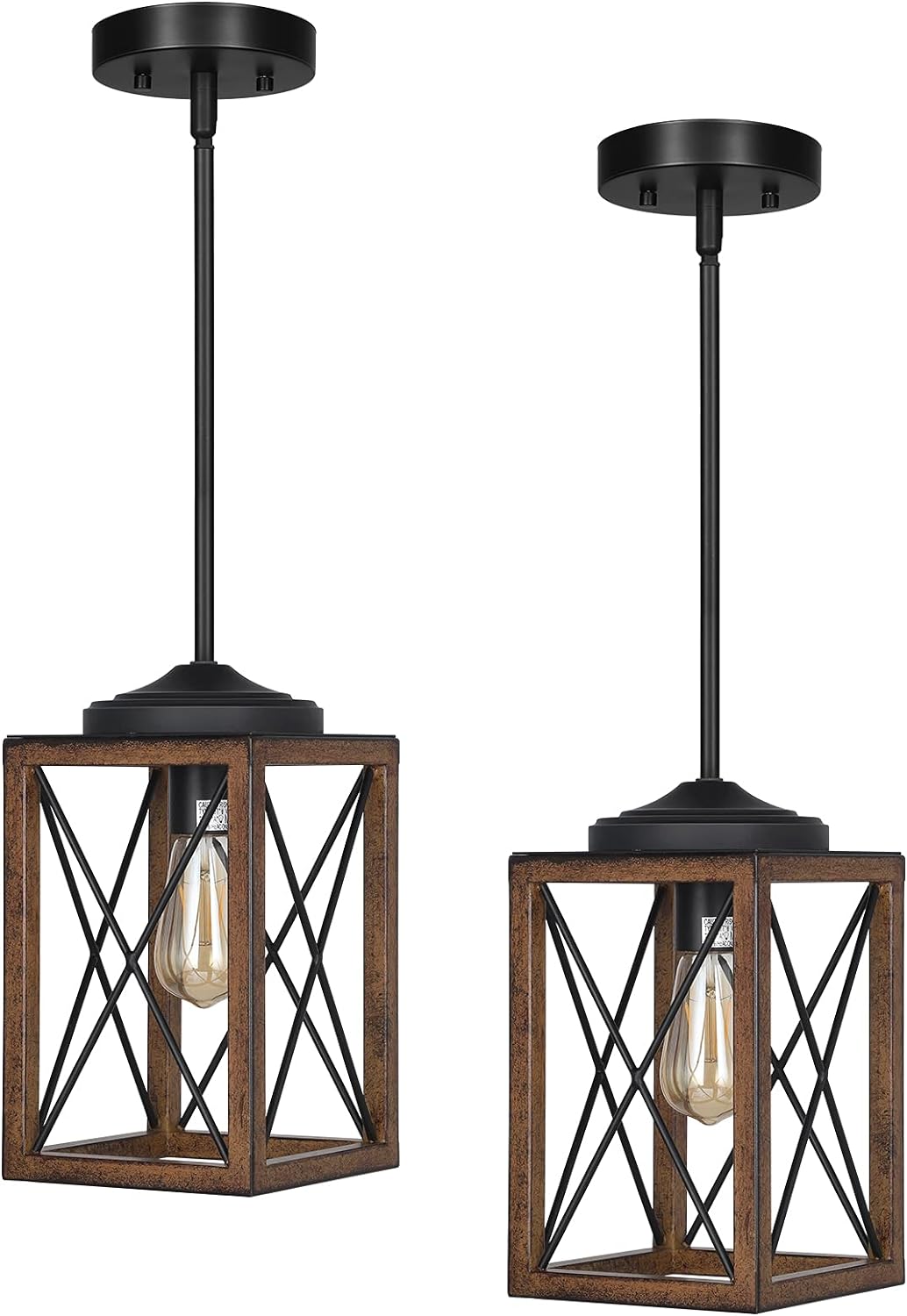 2 Pack Farmhouse Pendant Light, Metal Hanging Light Fixture with Wooden Grain Finish, 48 Inch Adjustable Pipes for Flat and Slop Ceiling, Kitchen Island, Bedroom, Dining Hall, ETL Listed