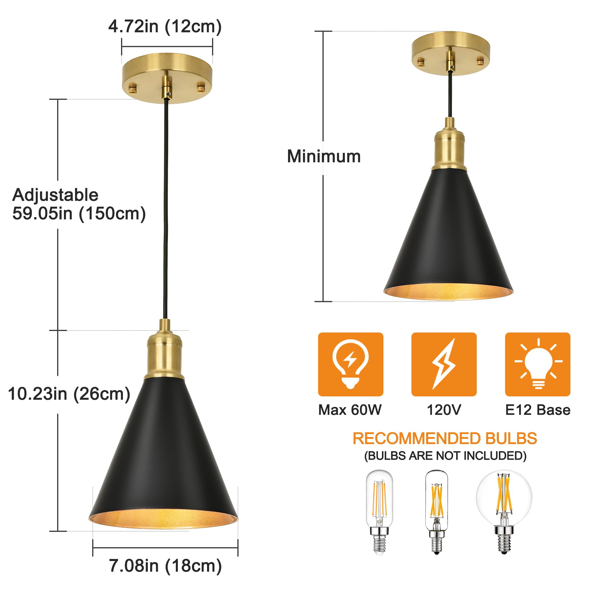 Black and Gold Pendant Light Fixtures, 2-Pack Modern Pendant Light for Kitchen Island, Small Industrial Kitchen Light Set of Two, Adjustable Hanging Ceiling Light for Dining Room Foyer Cafe