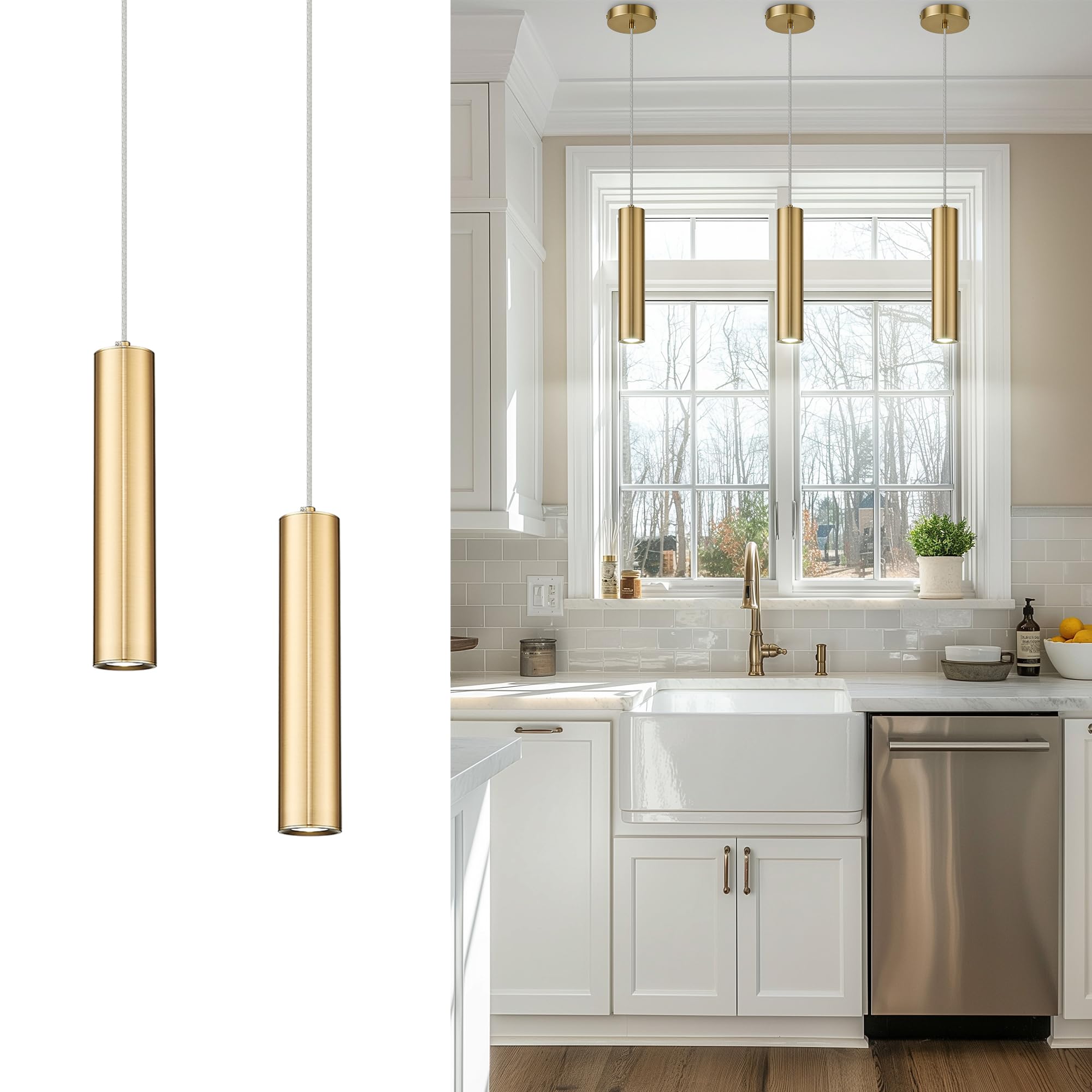 Brass Gold Pendant Light Fixture, Modern Hanging Light for Kitchen Island Dining Room Bedroom (2 Pack), PL4830-1P-BB