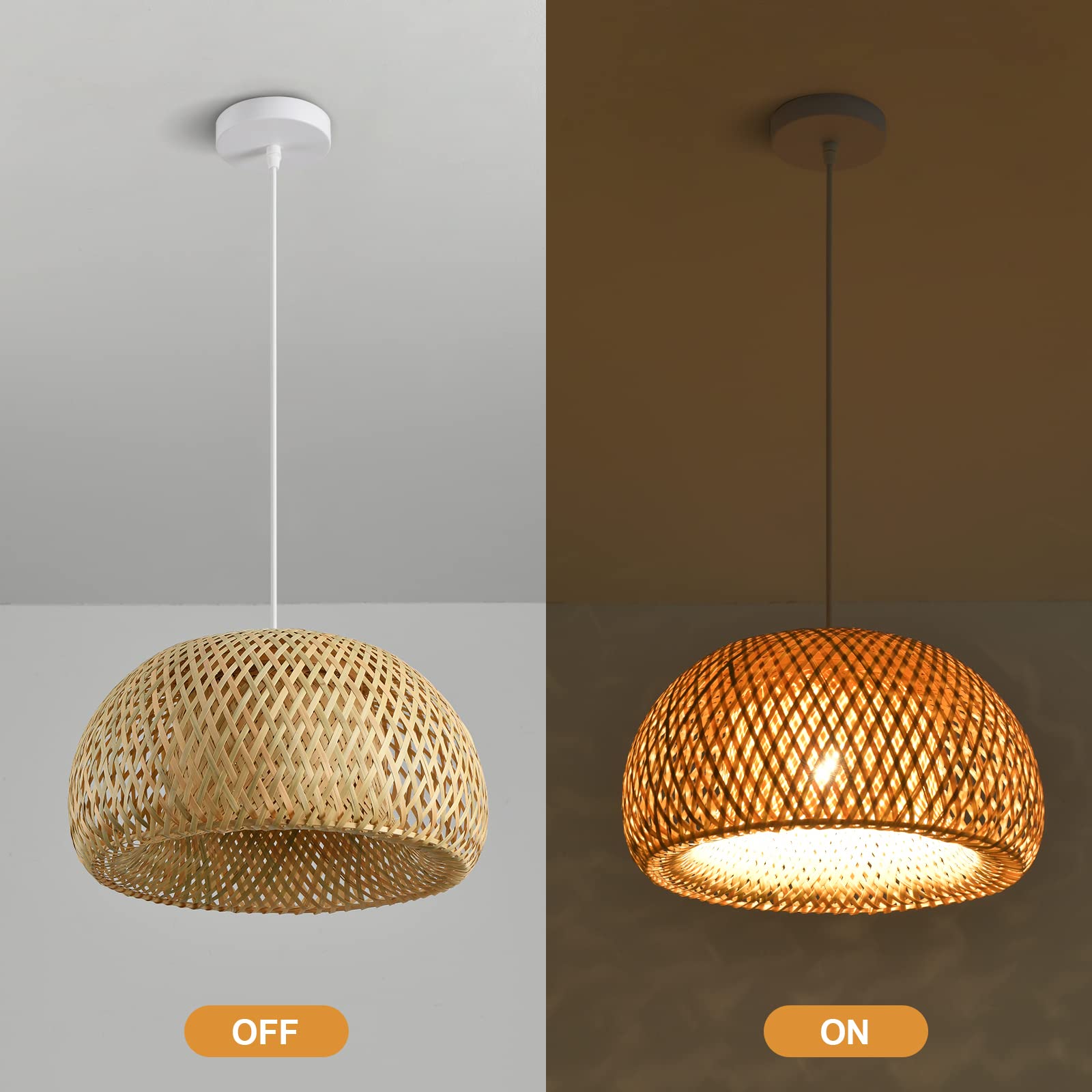 Boho Bamboo Pendant Light, 23.64in Bohemian Hand-Woven Rattan Chandelier Coastal Wicker Lighting Fixtures Hanging Lamp for Kitchen Island Dining Living Room Restaurants Bedroom