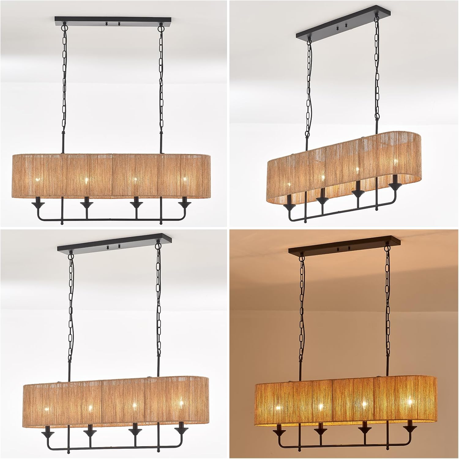 42” Hand Woven Rattan Pendant Light Linear Large Island Light Boho Chandelier for Dining Room Kitchen Island Living Room, UL Listed