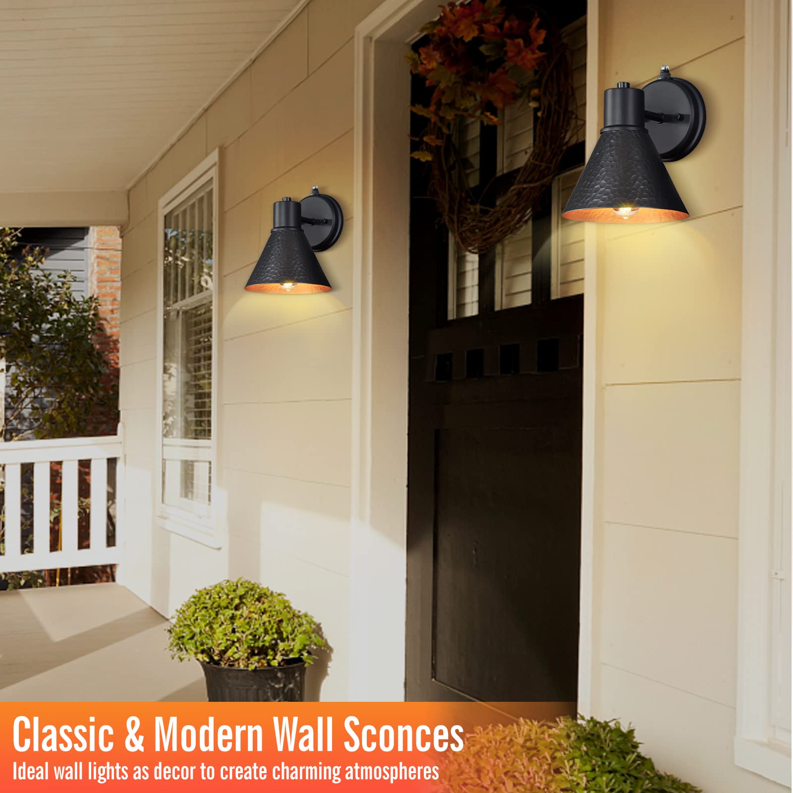 Outdoor Wall Sconces, 2-Pack Wall Lights Fixture, Exterior Farmhouse Porch Light with Hammered Metal Shade, Anti-Rust Waterproof Black Outside Barn Light for Front Porch Patio Garage Gazebo House