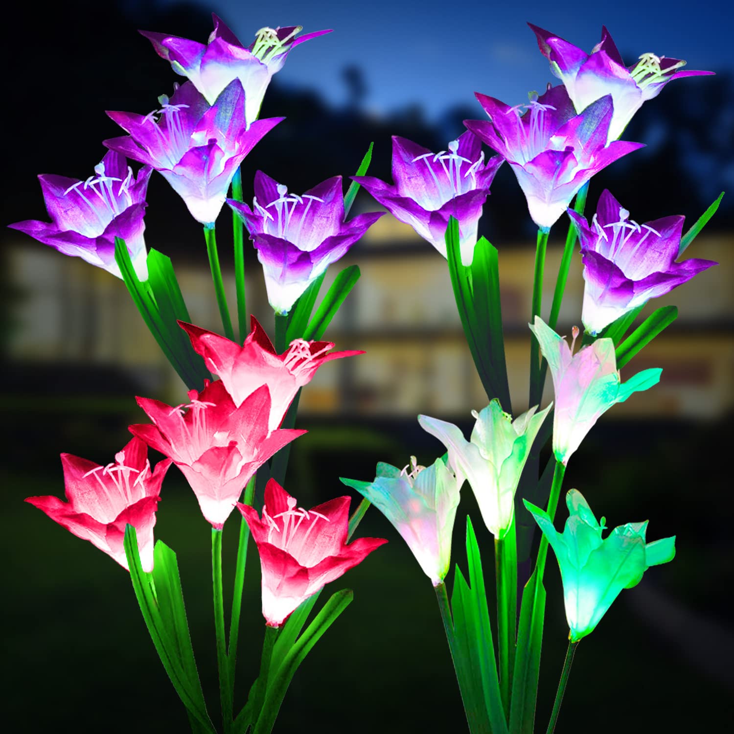 Outdoor Solar Lights, 4 Pack Solar Garden Lights with Bigger Lily Flowers, Waterproof 7 Color Changing Solar Lights Outdoor - Bigger Solar Panel for Outdoor Patio Yard Garden Decoration