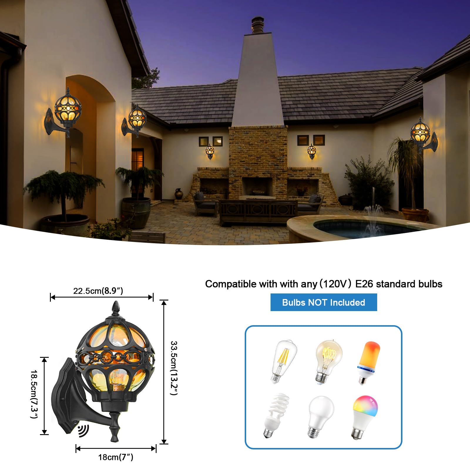 Gold Globe Outdoor Wall Light Fixtures for Garage Porch Patio House Garden Hallway Front Door, Sphere Anti-Rust Exterior Wall Sconces Lanterns, Aluminum 2 Pack Wall Mount Soccer Ball Lamp