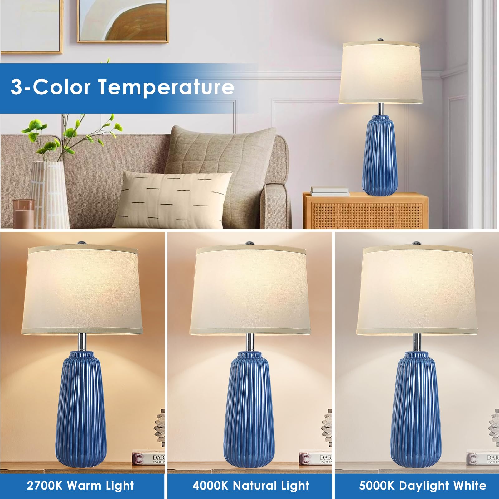 Ceramic Table Lamps Set of 2, 25Inch Modern White Table Lamps for Bedroom Living Room with 3 Color Temperature - 3000K/4000K/6000K, Coastal Lamps for Nightstand Bedside with 2 LED Bulbs, 9W